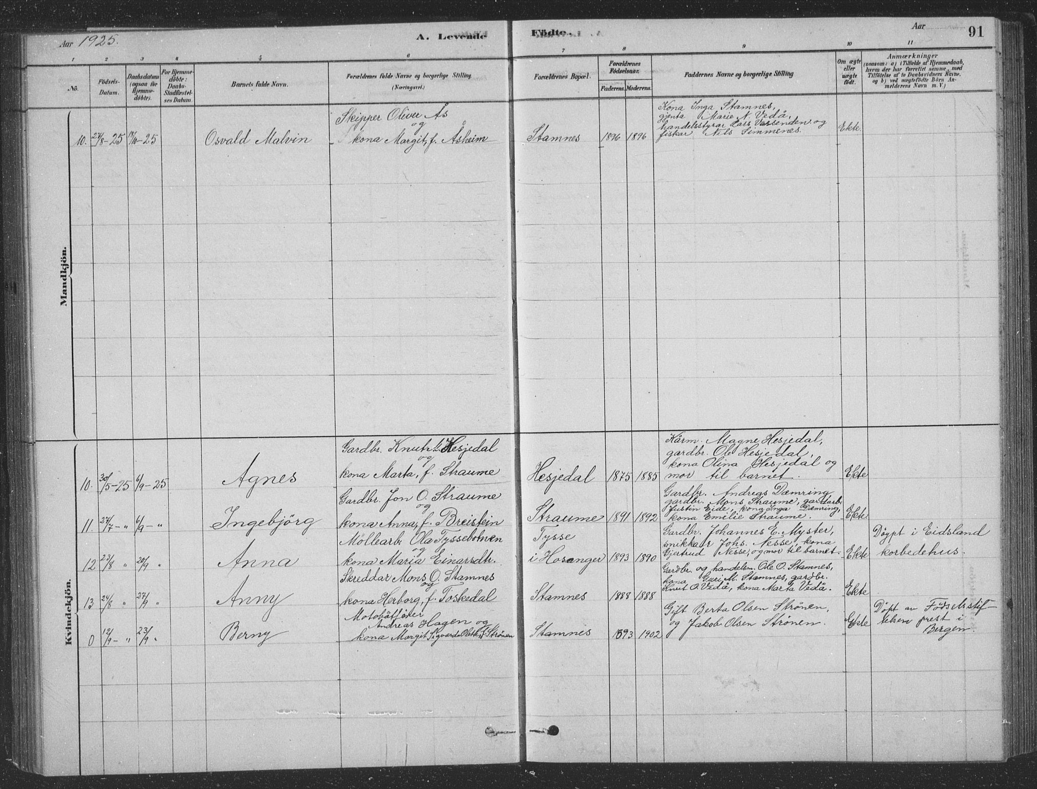 Vaksdal Sokneprestembete, SAB/A-78901/H/Hab: Parish register (copy) no. D 1, 1878-1939, p. 91
