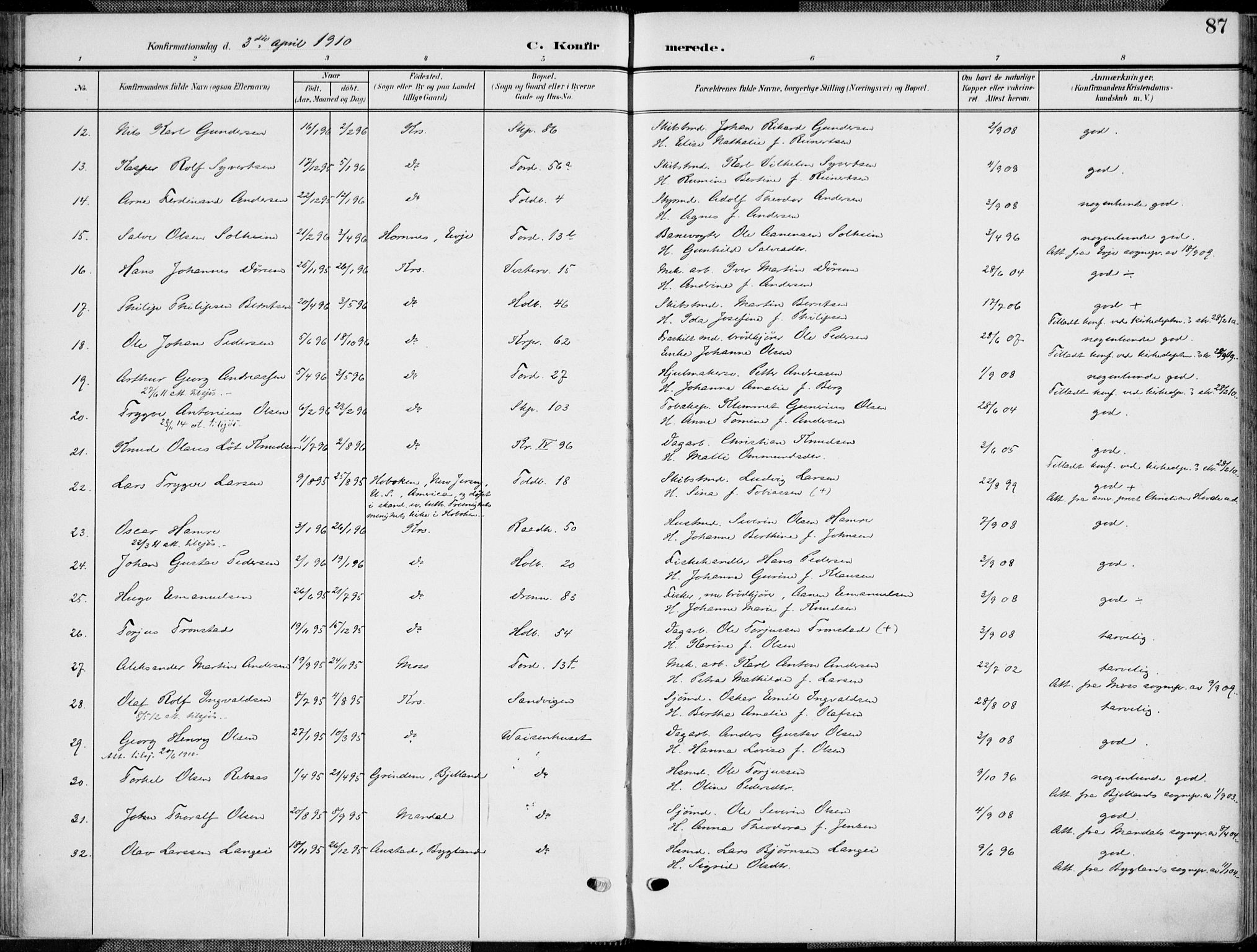 Kristiansand domprosti, SAK/1112-0006/F/Fa/L0022: Parish register (official) no. A 21, 1905-1916, p. 87