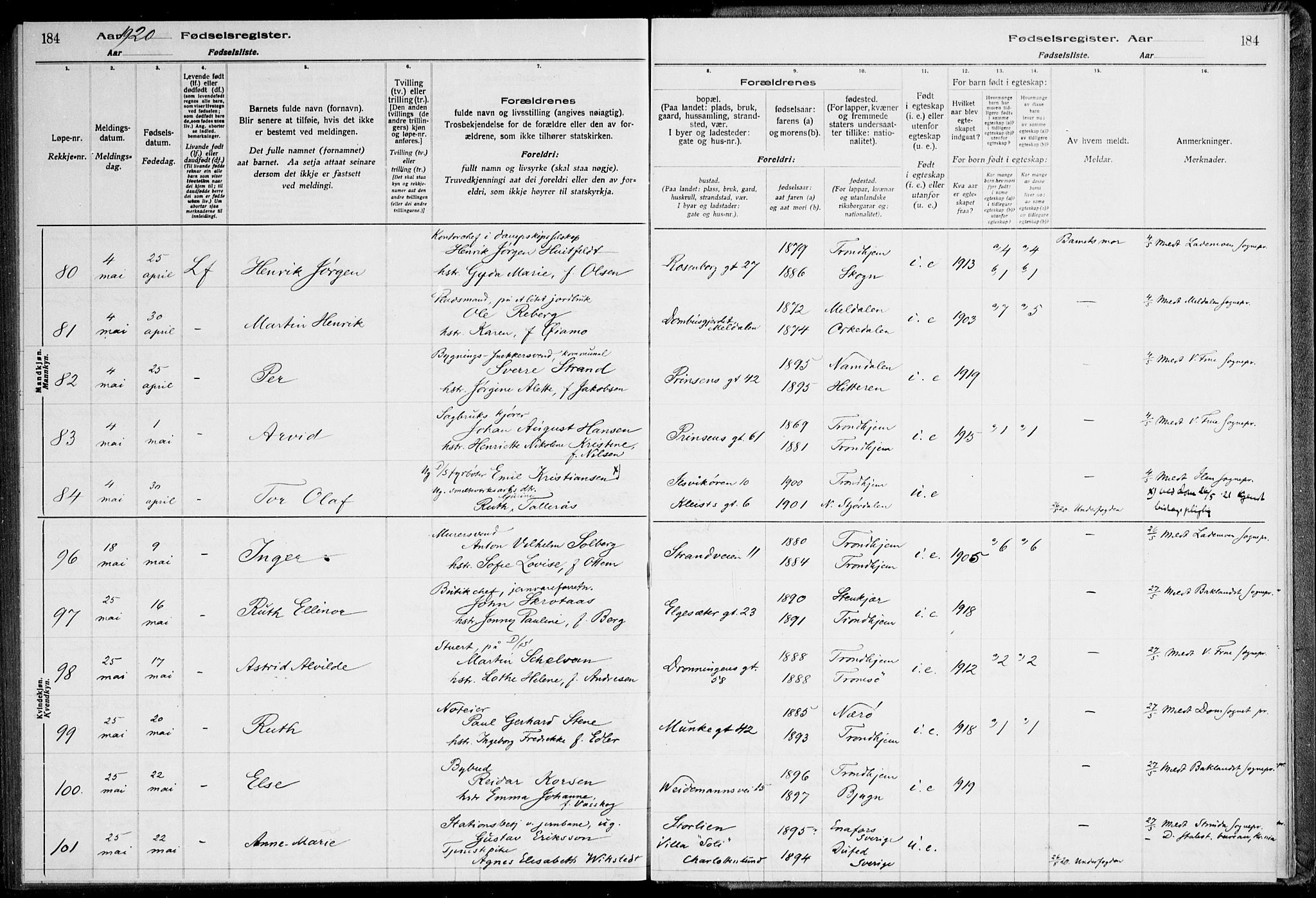 Ministerialprotokoller, klokkerbøker og fødselsregistre - Sør-Trøndelag, AV/SAT-A-1456/600/L0002: Birth register no. 600.II.4.1, 1916-1920, p. 184