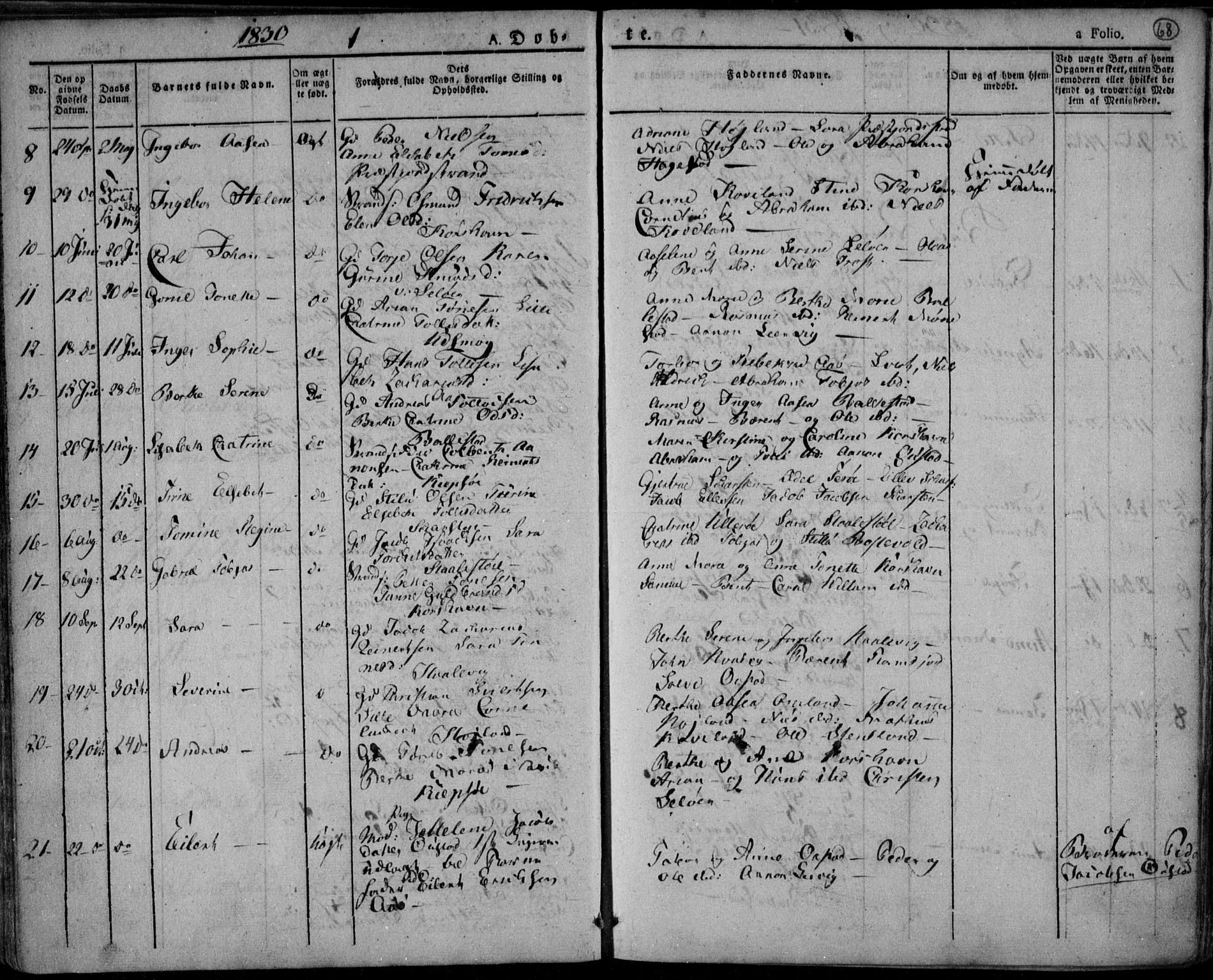 Lyngdal sokneprestkontor, AV/SAK-1111-0029/F/Fa/Fac/L0007: Parish register (official) no. A 7, 1825-1838, p. 68