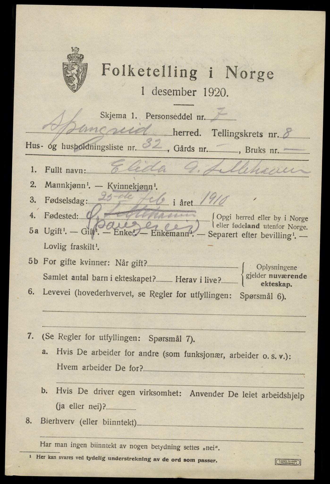 SAK, 1920 census for Spangereid, 1920, p. 3169