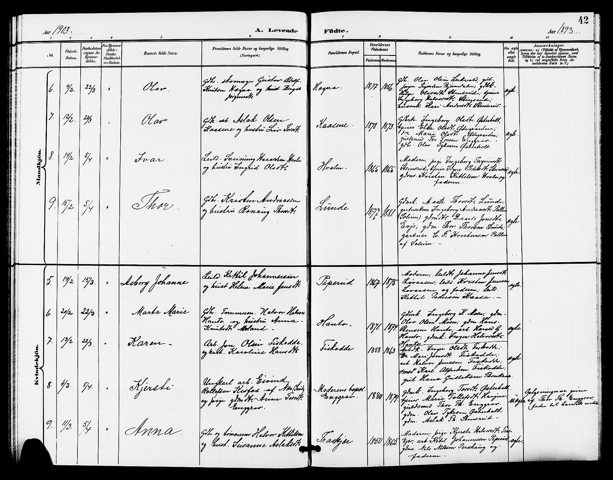 Lunde kirkebøker, SAKO/A-282/G/Ga/L0003: Parish register (copy) no. I 3, 1896-1905, p. 42