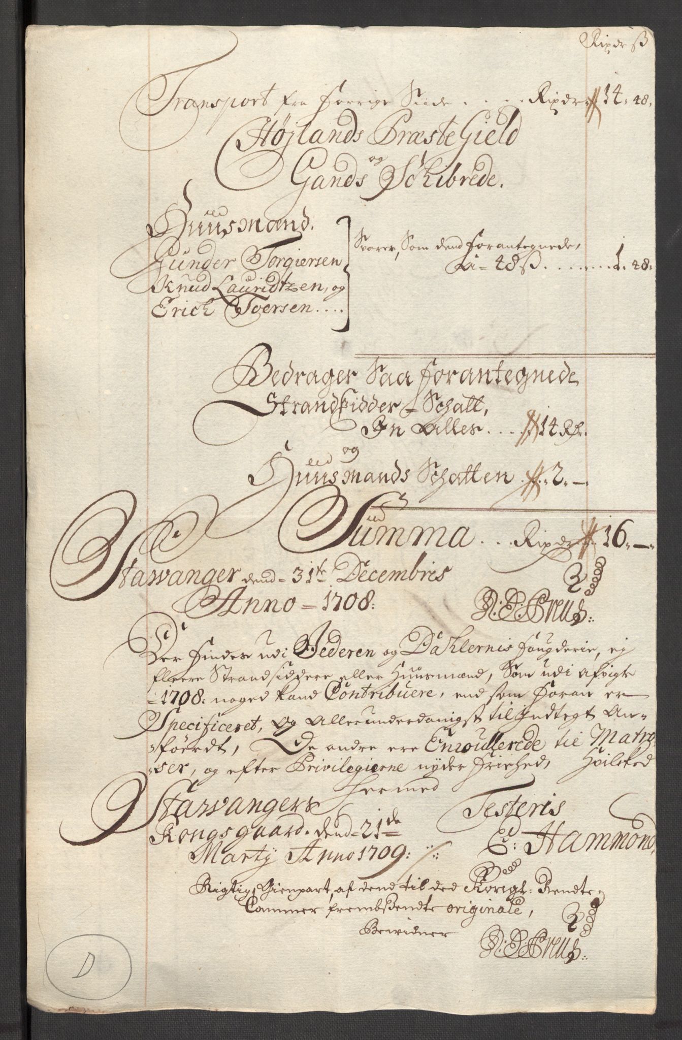 Rentekammeret inntil 1814, Reviderte regnskaper, Fogderegnskap, RA/EA-4092/R46/L2733: Fogderegnskap Jæren og Dalane, 1705-1708, p. 364