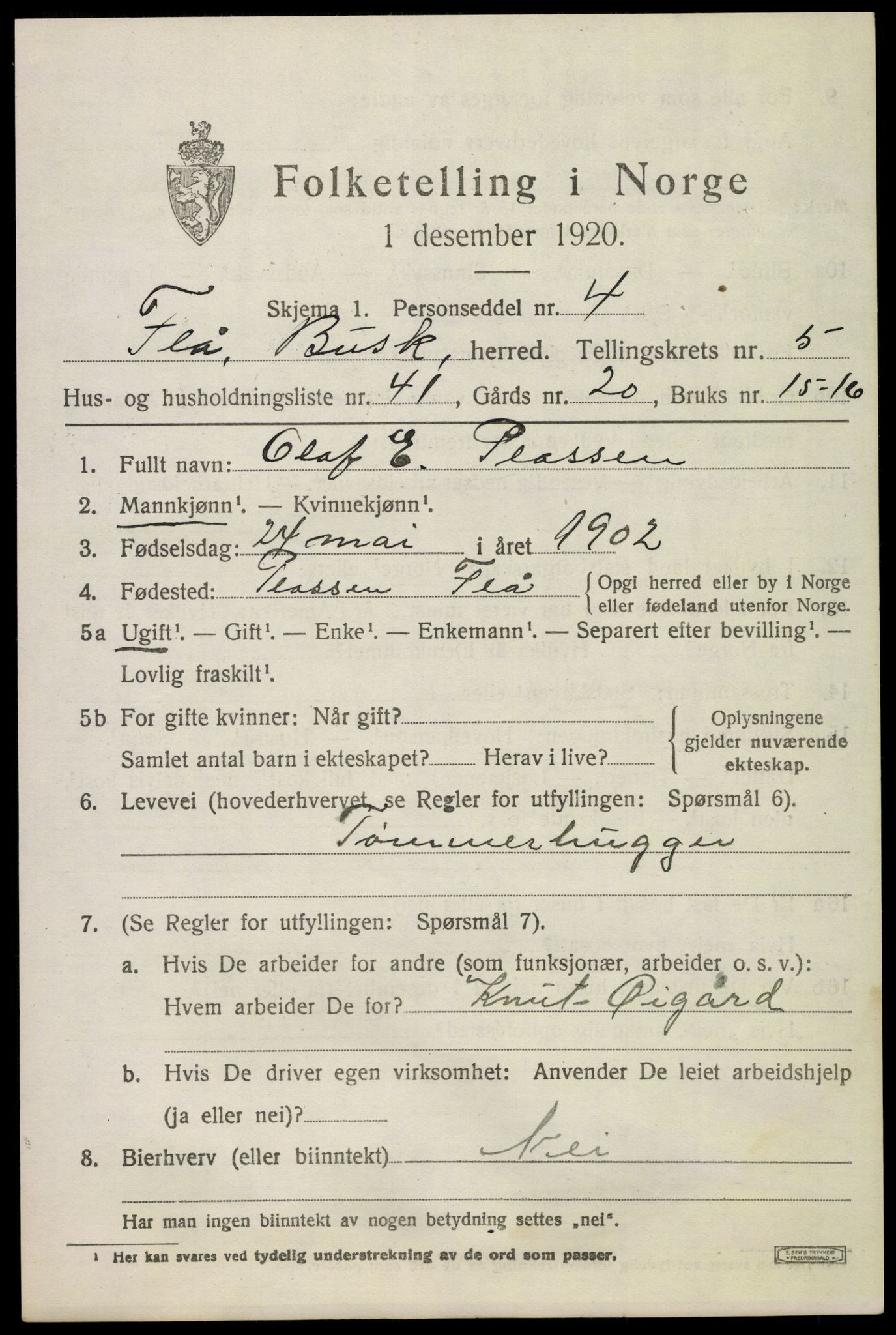 SAKO, 1920 census for Flå, 1920, p. 3561