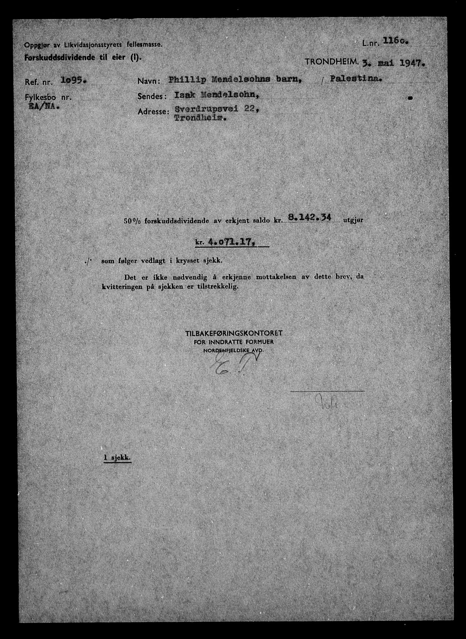 Justisdepartementet, Tilbakeføringskontoret for inndratte formuer, AV/RA-S-1564/H/Hc/Hca/L0905: --, 1945-1947, p. 505