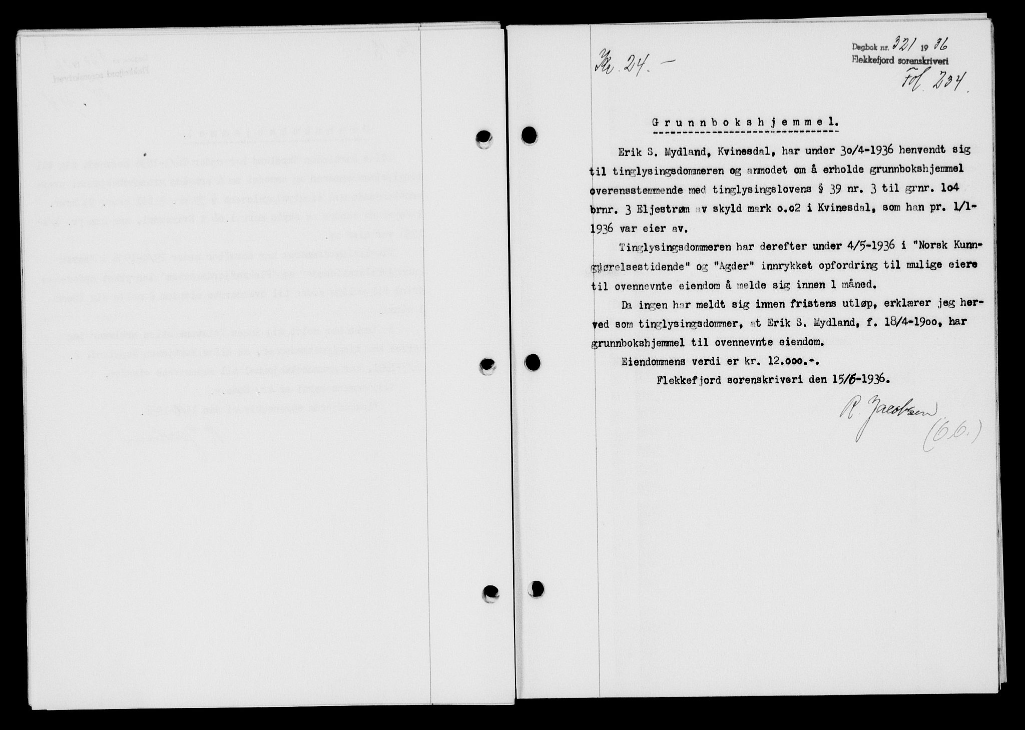 Flekkefjord sorenskriveri, SAK/1221-0001/G/Gb/Gba/L0053: Mortgage book no. A-1, 1936-1937, Diary no: : 321/1936