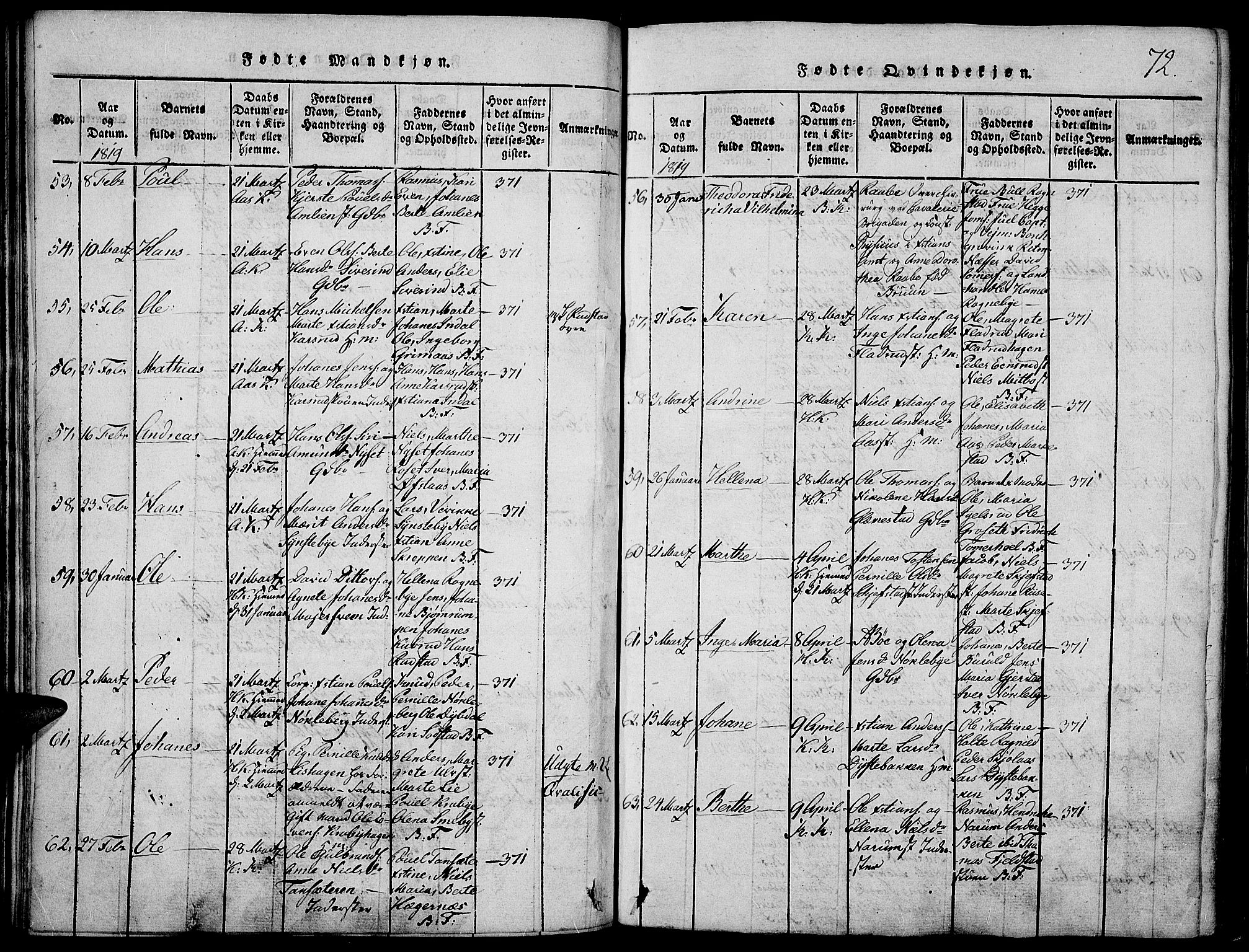 Toten prestekontor, SAH/PREST-102/H/Ha/Haa/L0009: Parish register (official) no. 9, 1814-1820, p. 72