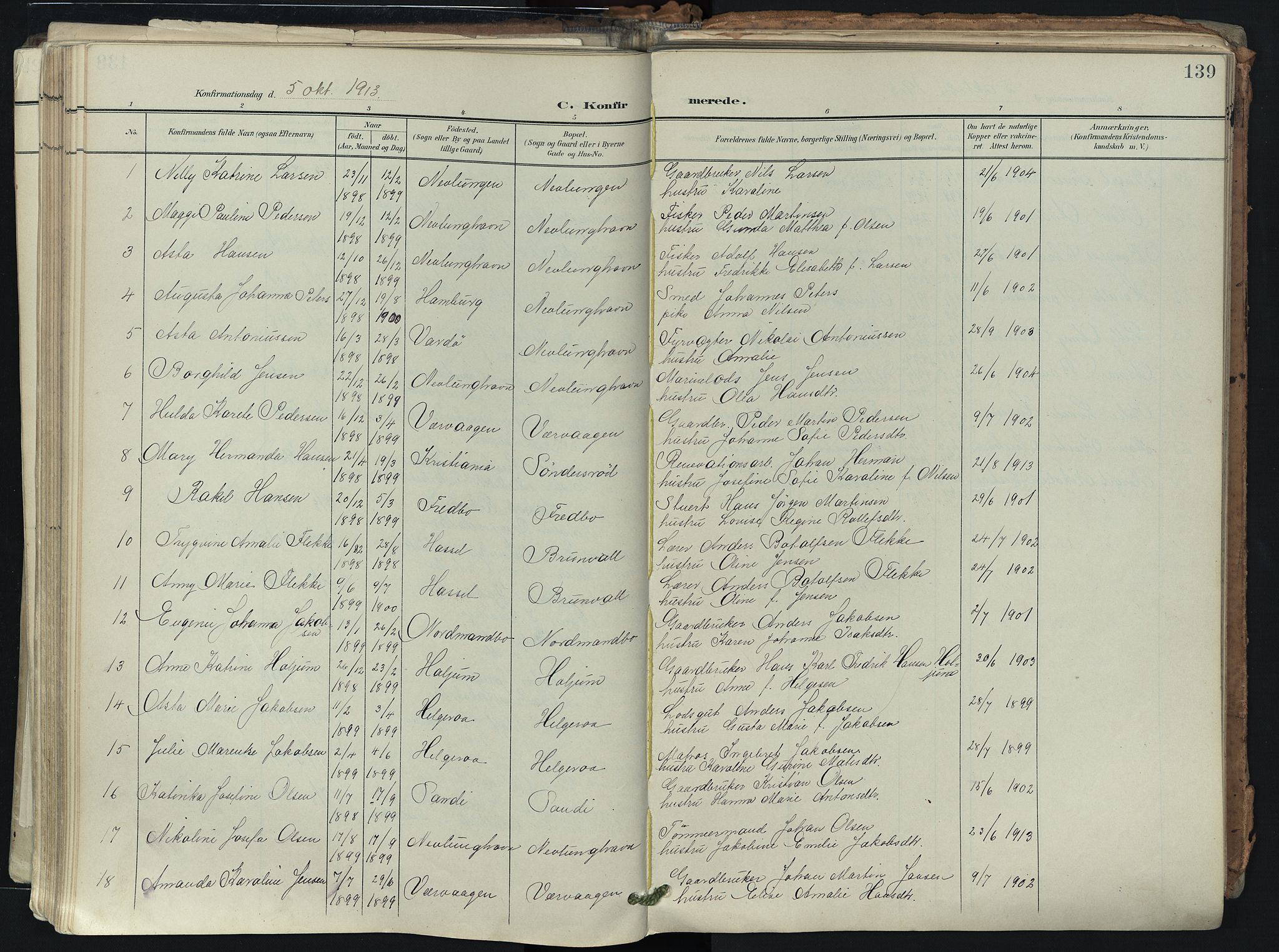 Brunlanes kirkebøker, AV/SAKO-A-342/F/Fb/L0003: Parish register (official) no. II 3, 1900-1922, p. 139