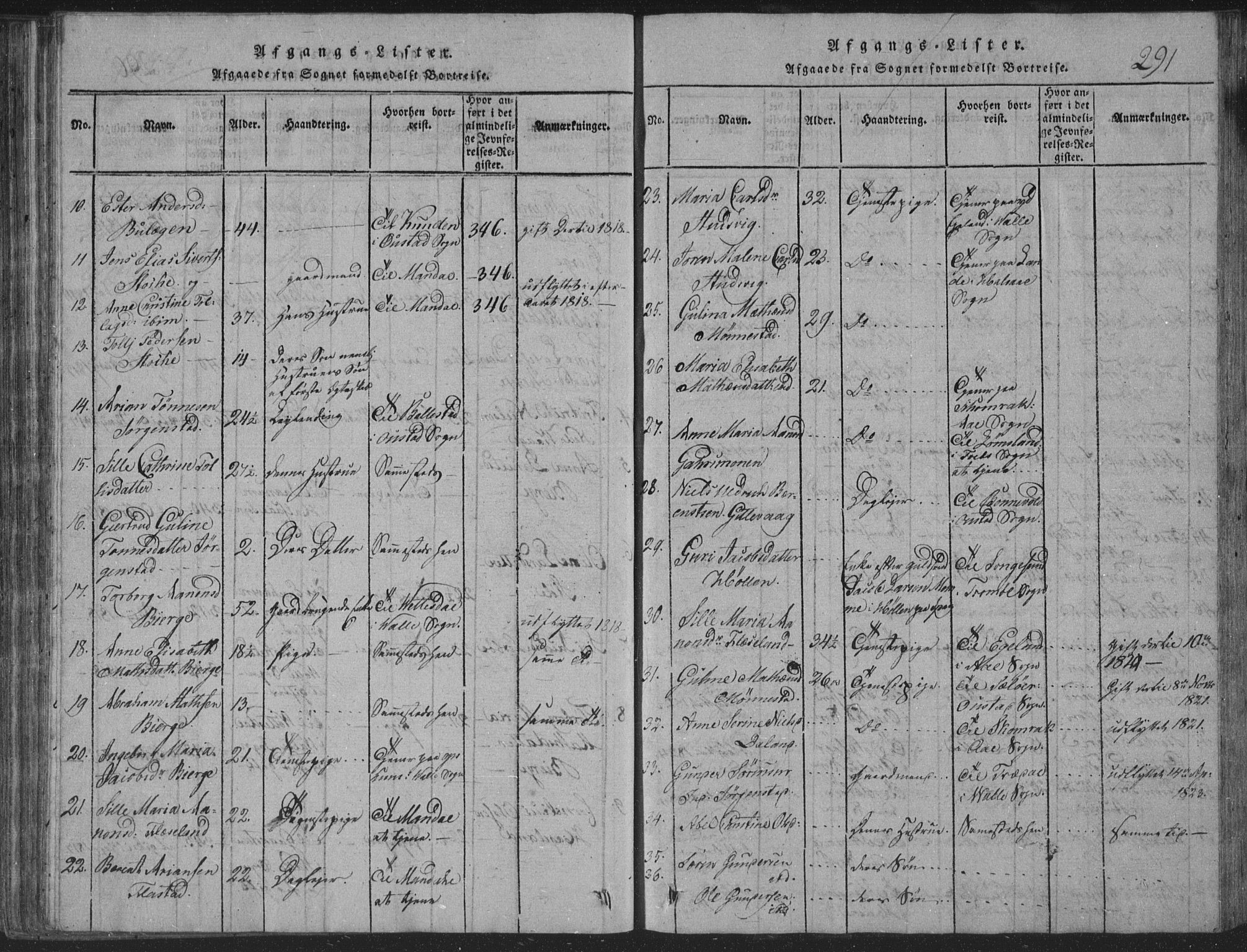 Sør-Audnedal sokneprestkontor, SAK/1111-0039/F/Fb/Fba/L0001: Parish register (copy) no. B 1, 1815-1850, p. 291