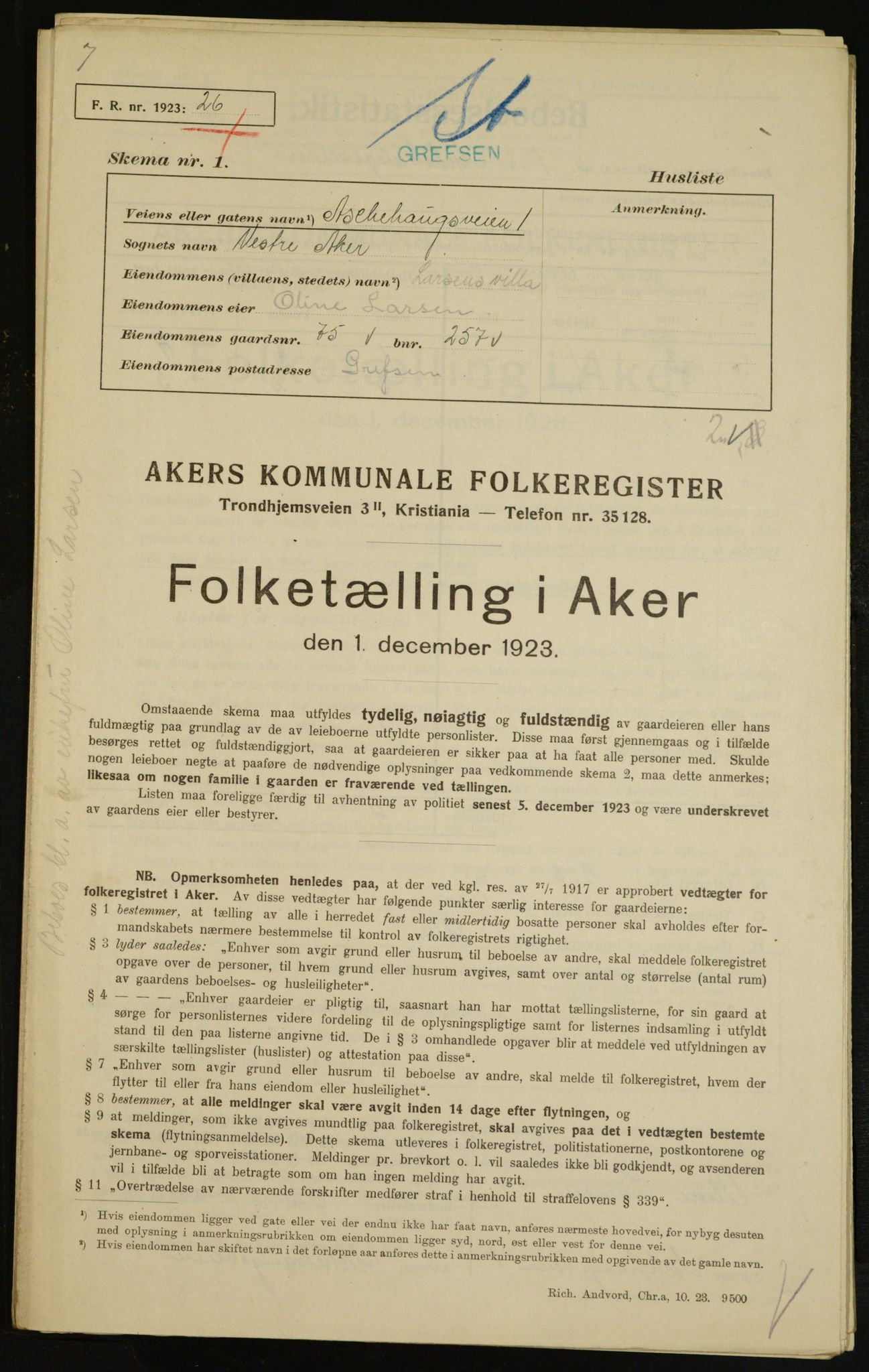 , Municipal Census 1923 for Aker, 1923, p. 7607