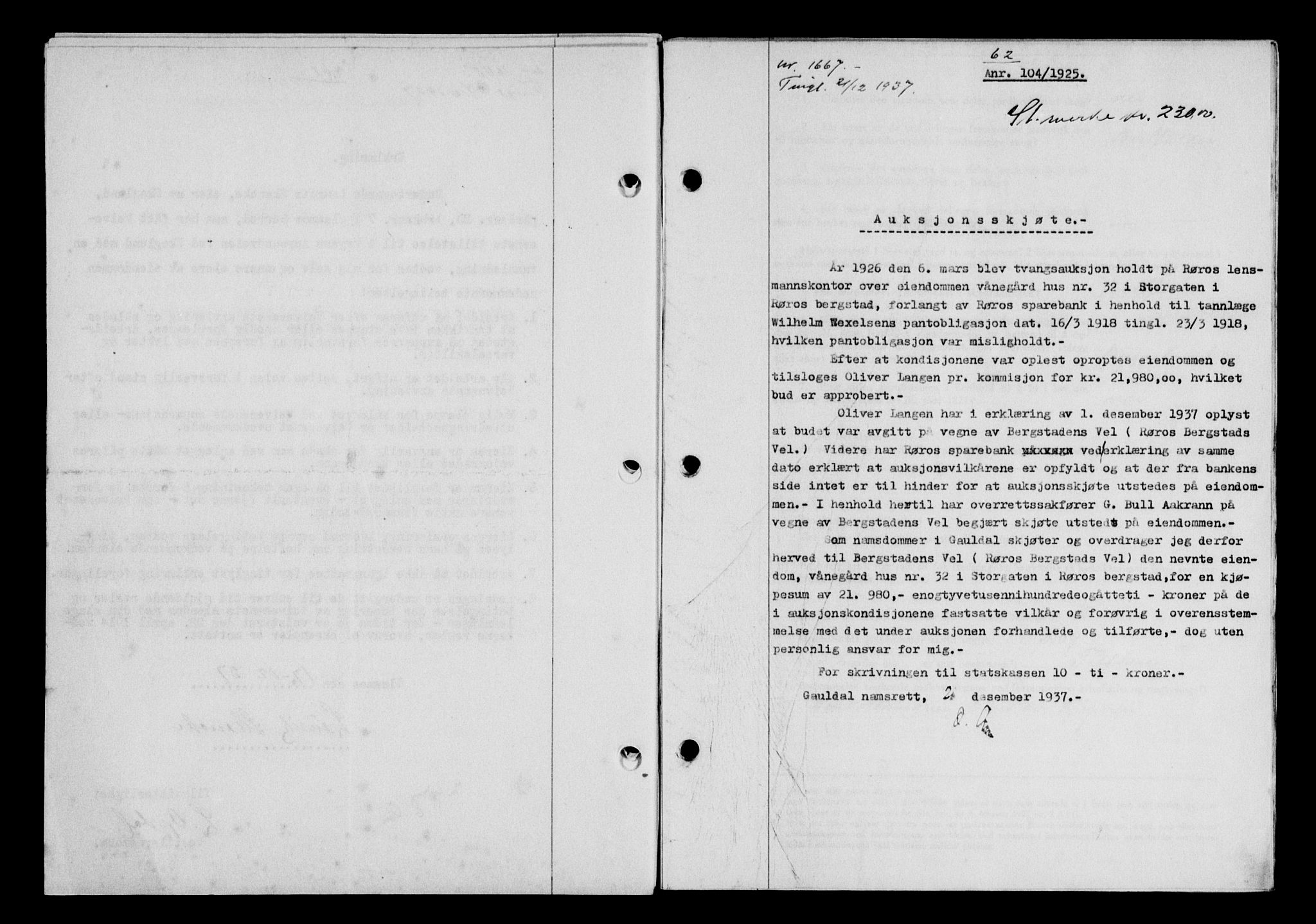 Gauldal sorenskriveri, SAT/A-0014/1/2/2C/L0048: Mortgage book no. 51-52, 1937-1938, p. 62, Diary no: : 1667/1937