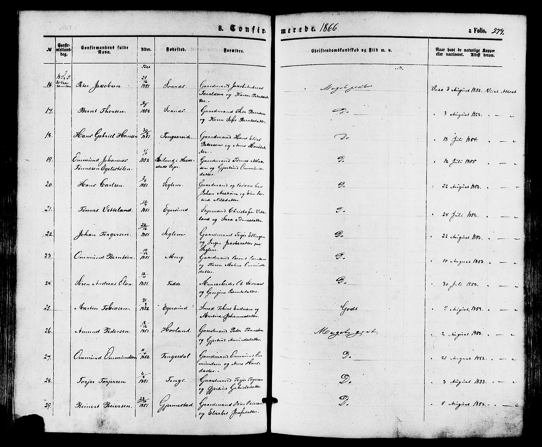 Eigersund sokneprestkontor, AV/SAST-A-101807/S08/L0014: Parish register (official) no. A 13, 1866-1878, p. 274