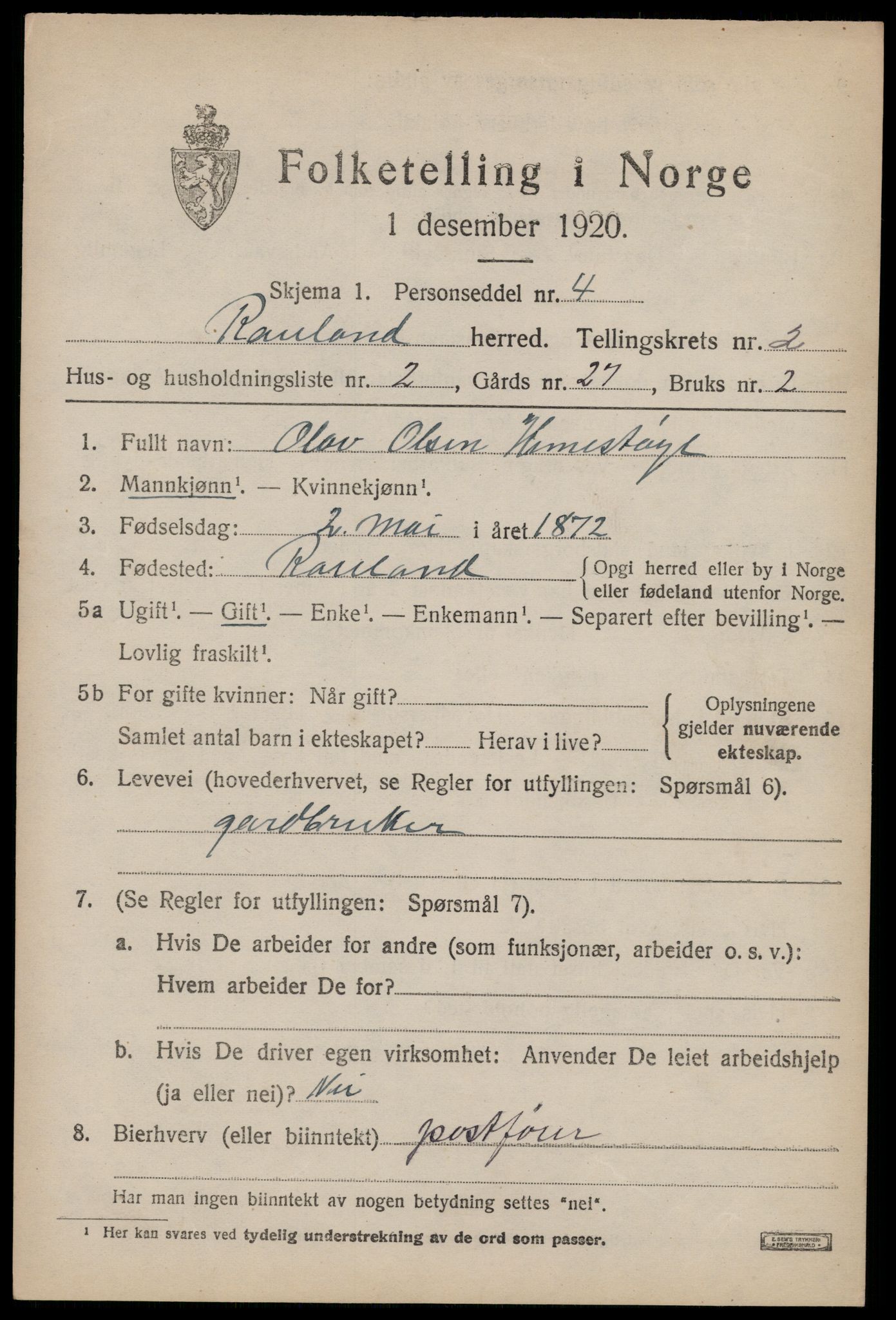 SAKO, 1920 census for Rauland, 1920, p. 620