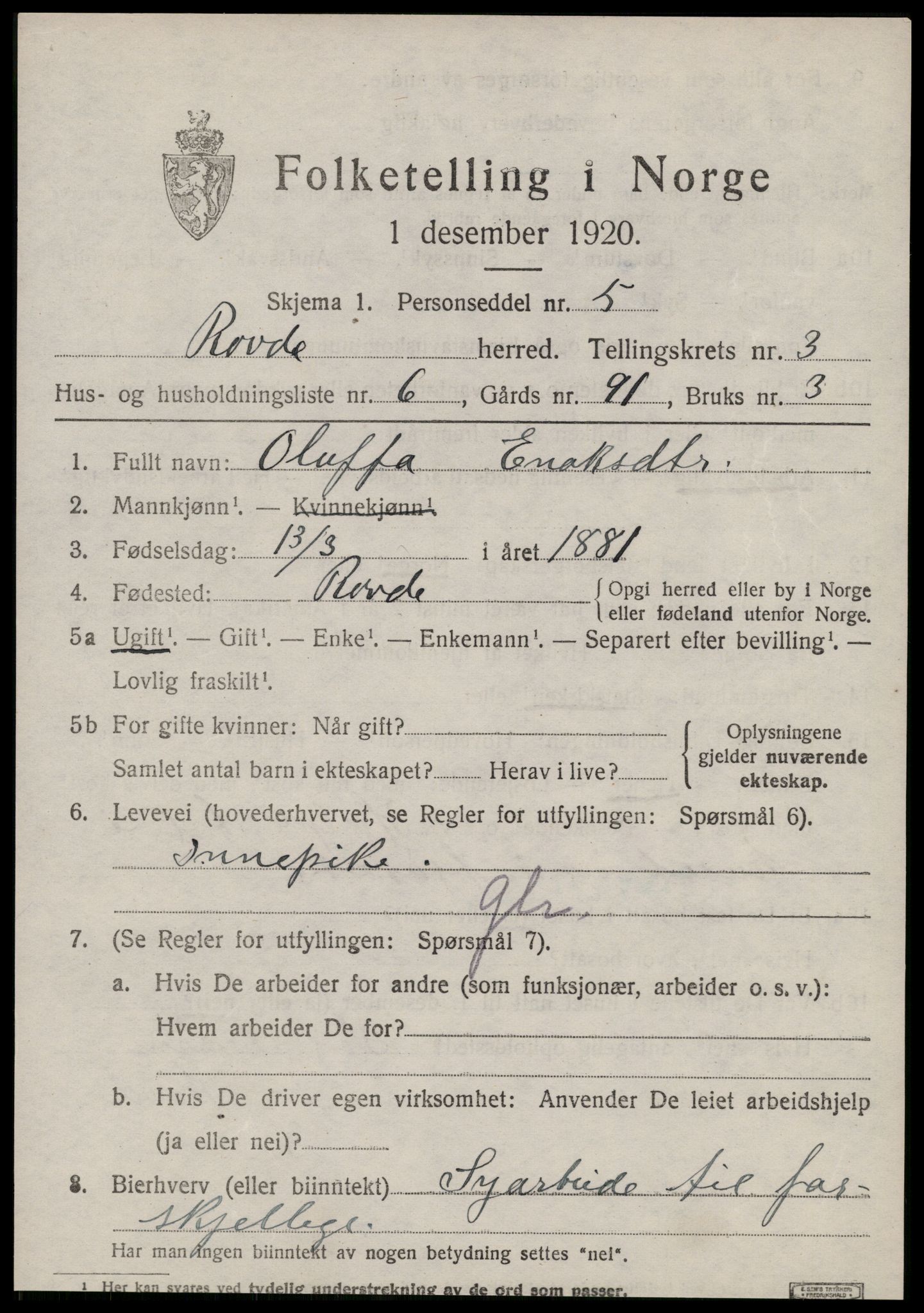 SAT, 1920 census for Rovde, 1920, p. 1021