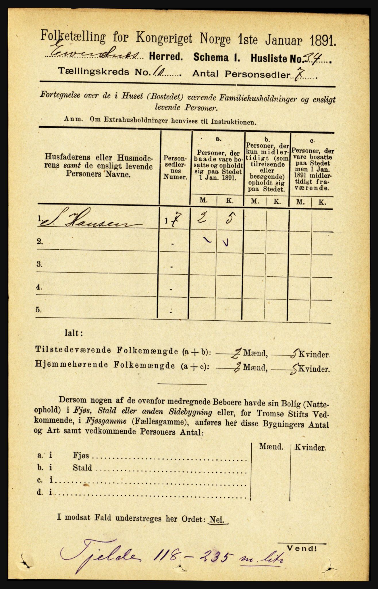 RA, 1891 census for 1853 Evenes, 1891, p. 3122