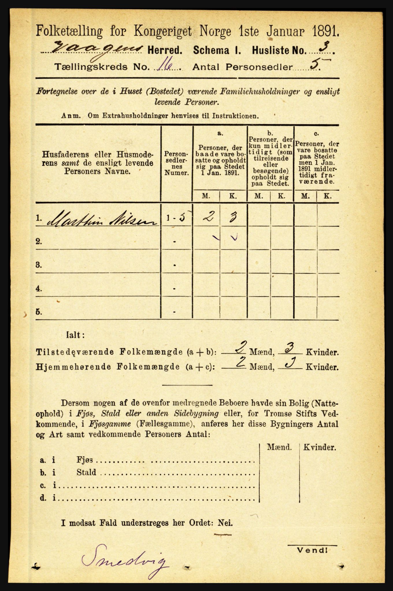 RA, 1891 census for 1865 Vågan, 1891, p. 4518