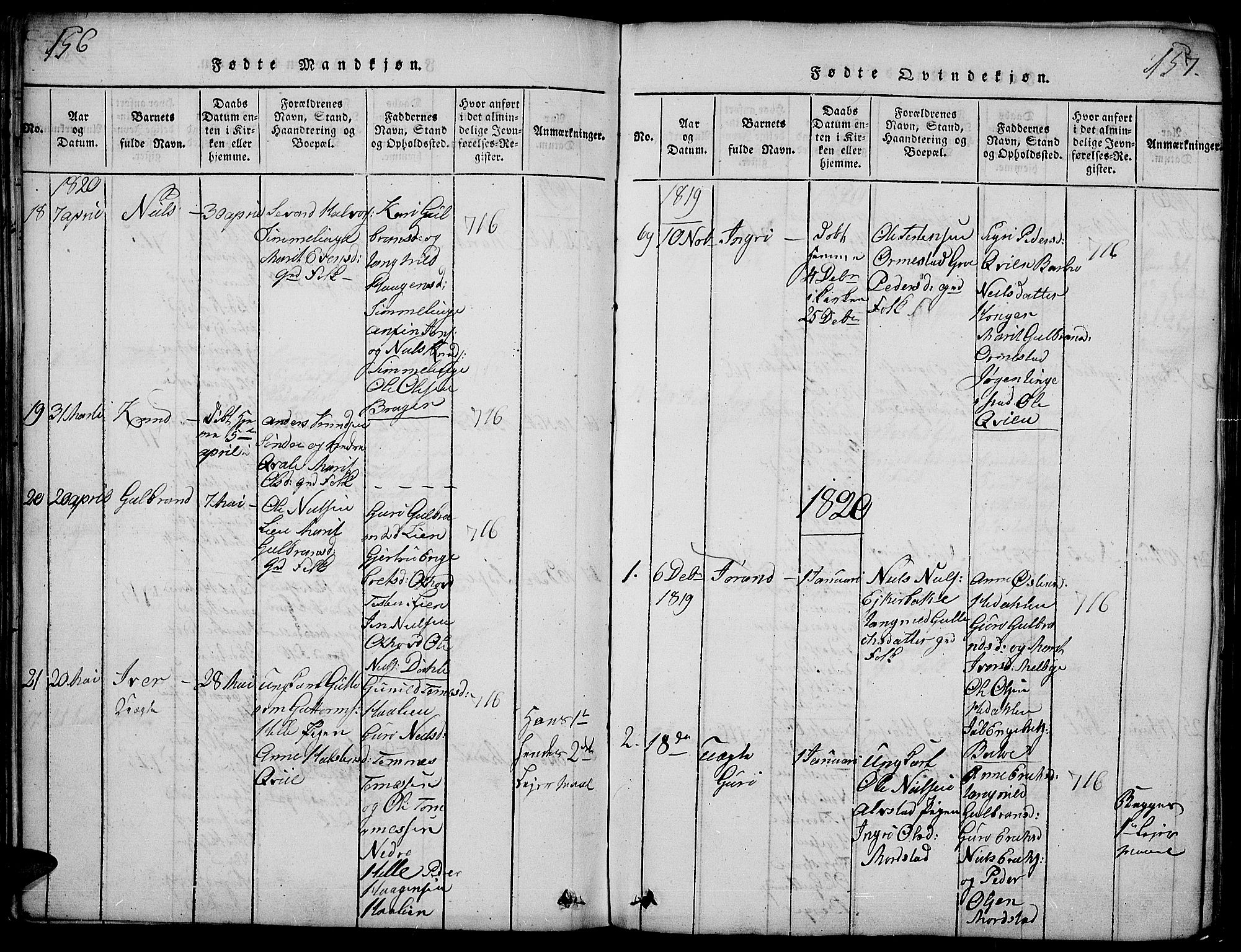 Slidre prestekontor, SAH/PREST-134/H/Ha/Haa/L0002: Parish register (official) no. 2, 1814-1830, p. 156-157