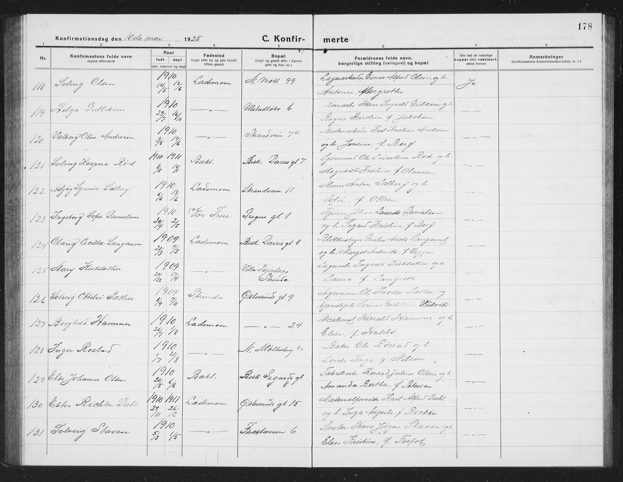 Ministerialprotokoller, klokkerbøker og fødselsregistre - Sør-Trøndelag, AV/SAT-A-1456/605/L0258: Parish register (copy) no. 605C05, 1918-1930, p. 178