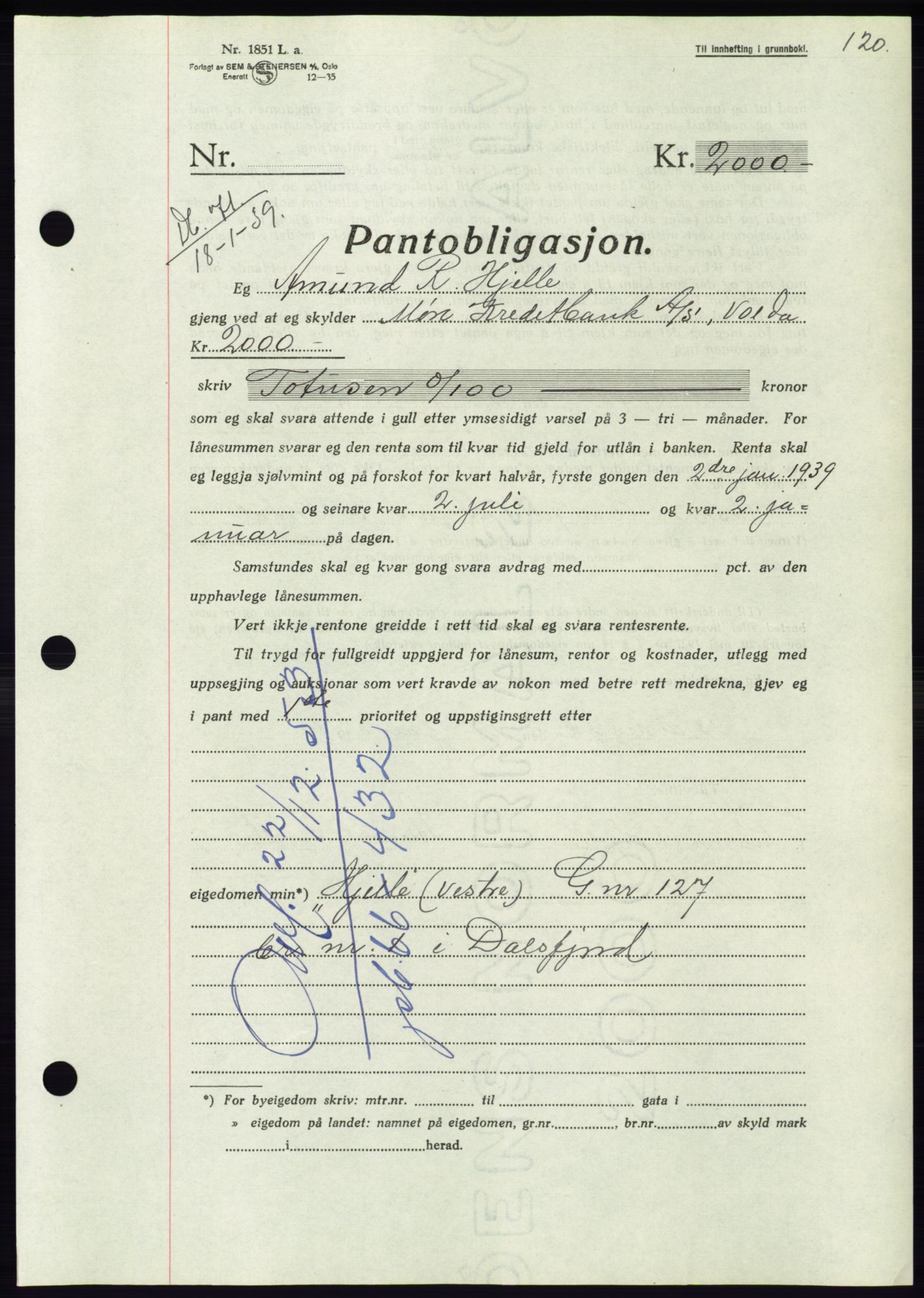 Søre Sunnmøre sorenskriveri, AV/SAT-A-4122/1/2/2C/L0067: Mortgage book no. 61, 1938-1939, Diary no: : 71/1939