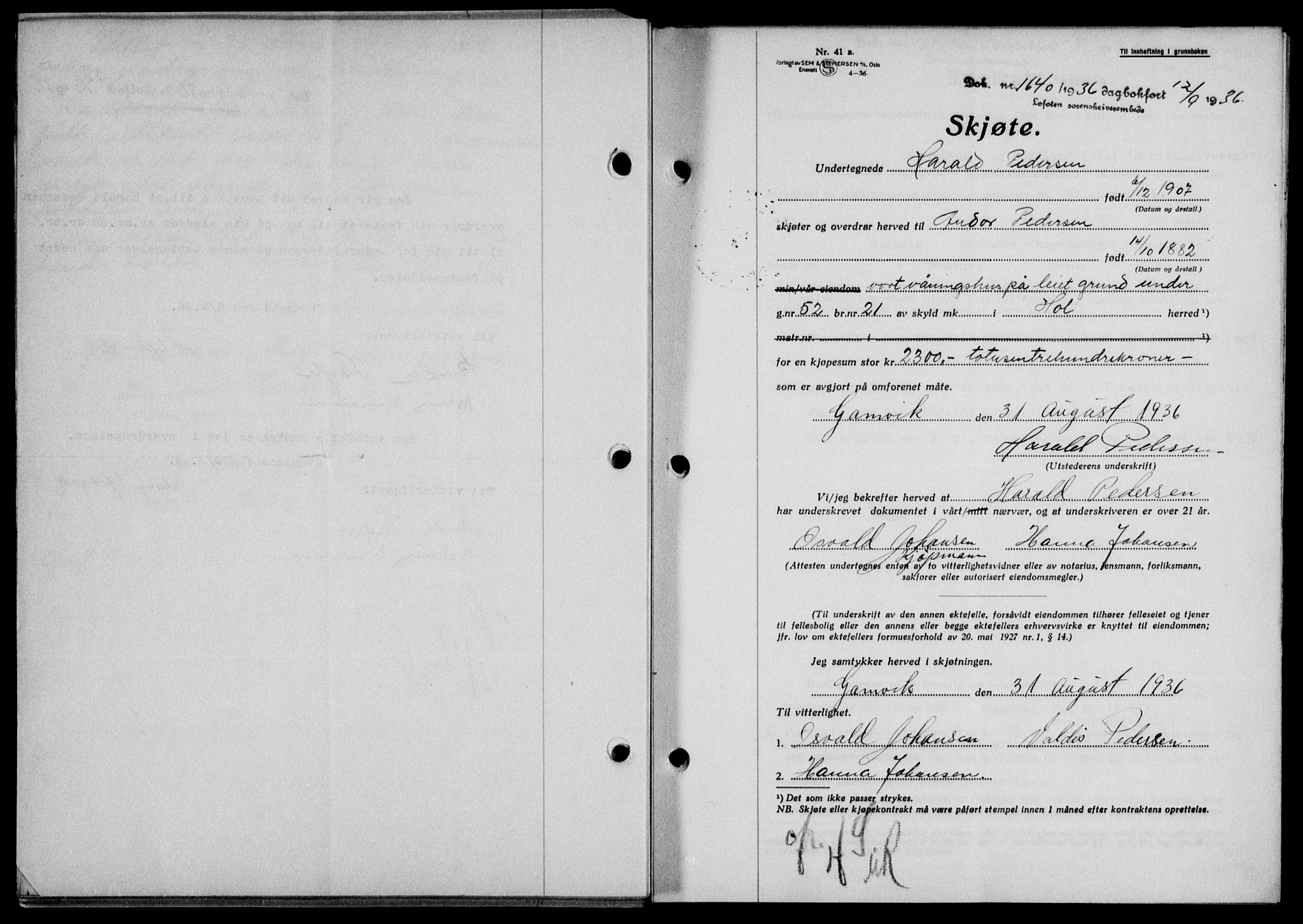 Lofoten sorenskriveri, SAT/A-0017/1/2/2C/L0001a: Mortgage book no. 1a, 1936-1937, Diary no: : 1640/1936