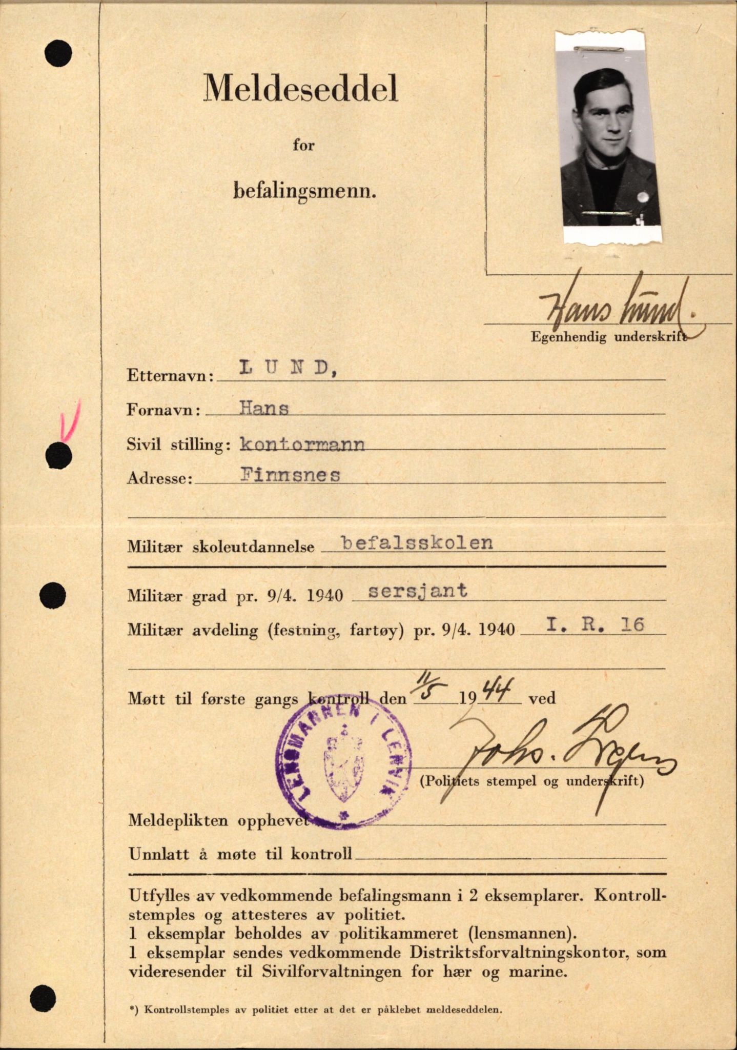 Forsvaret, Forsvarets krigshistoriske avdeling, AV/RA-RAFA-2017/Y/Yf/L0209: II-C-11-2121  -  Okkupasjonstiden.  Meldesedler for befal med foto og oppl. om militær grad 9. apr. 1940., 1944-1945, p. 119