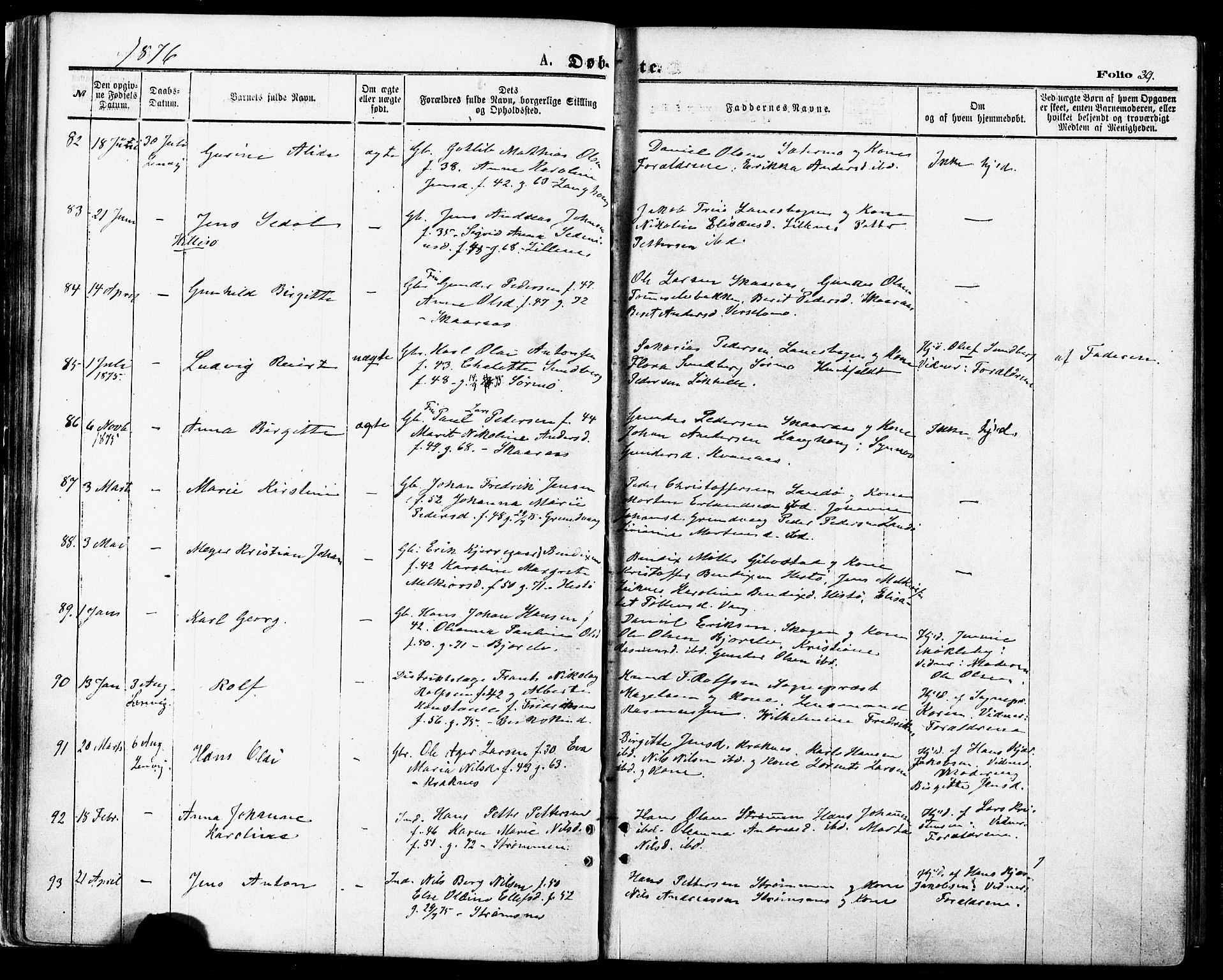 Lenvik sokneprestembete, SATØ/S-1310/H/Ha/Haa/L0010kirke: Parish register (official) no. 10, 1873-1880, p. 39