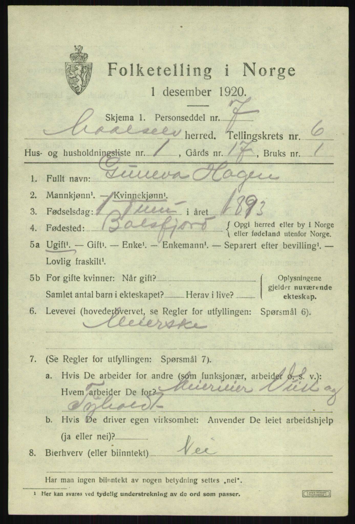 SATØ, 1920 census for Målselv, 1920, p. 3627