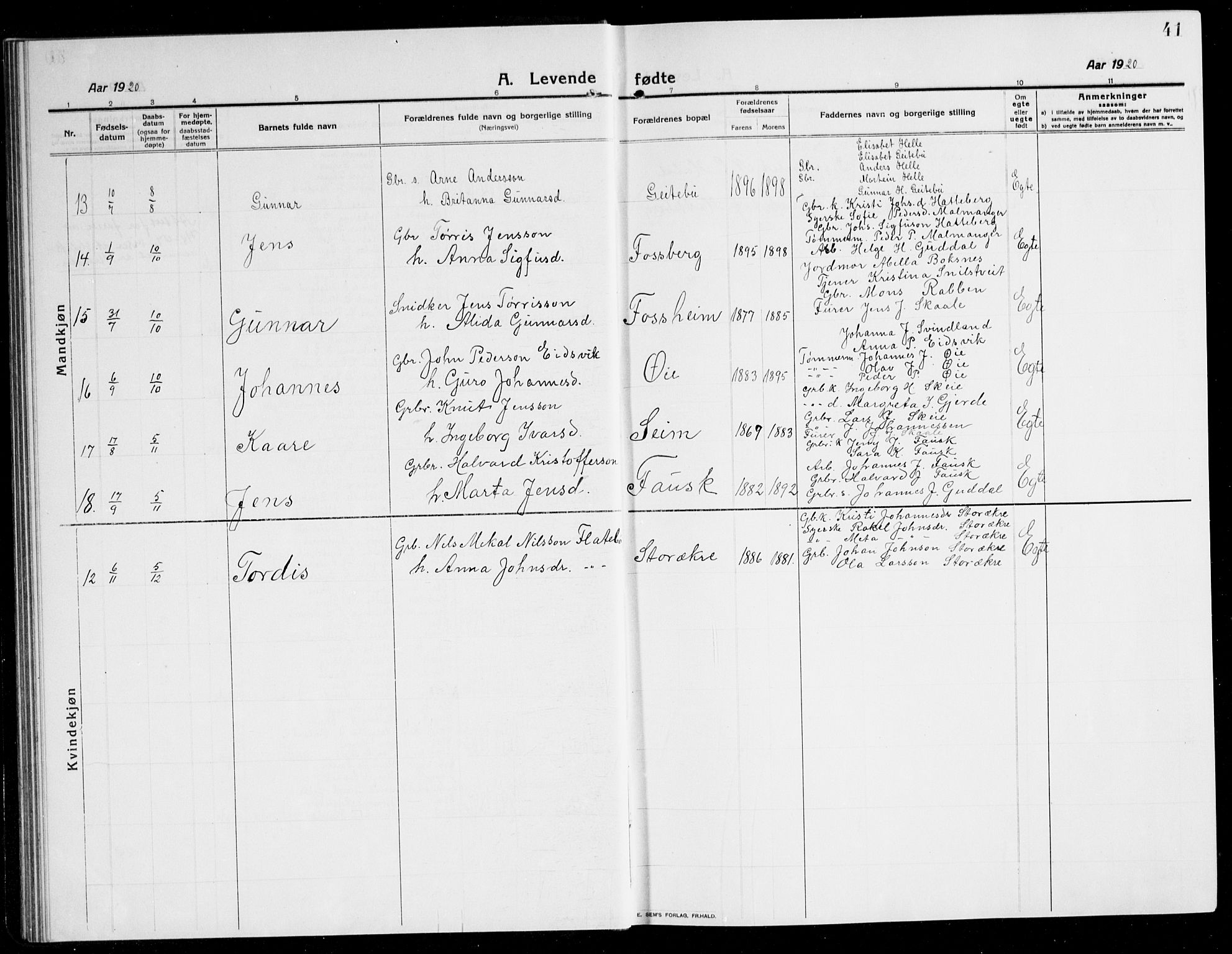 Kvinnherad sokneprestembete, AV/SAB-A-76401/H/Hab: Parish register (copy) no. A 3, 1911-1945, p. 41