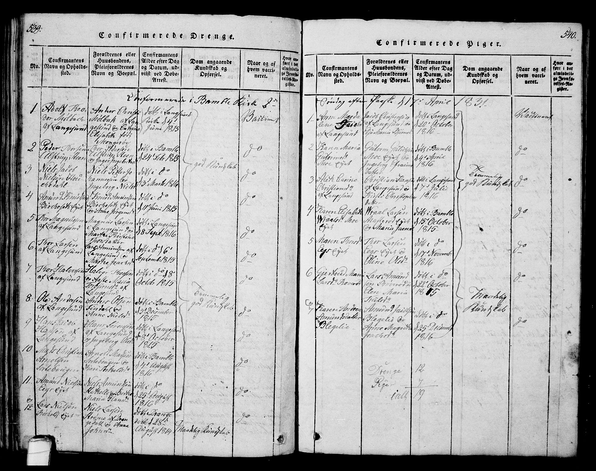 Bamble kirkebøker, AV/SAKO-A-253/G/Ga/L0005: Parish register (copy) no. I 5, 1814-1855, p. 539-540