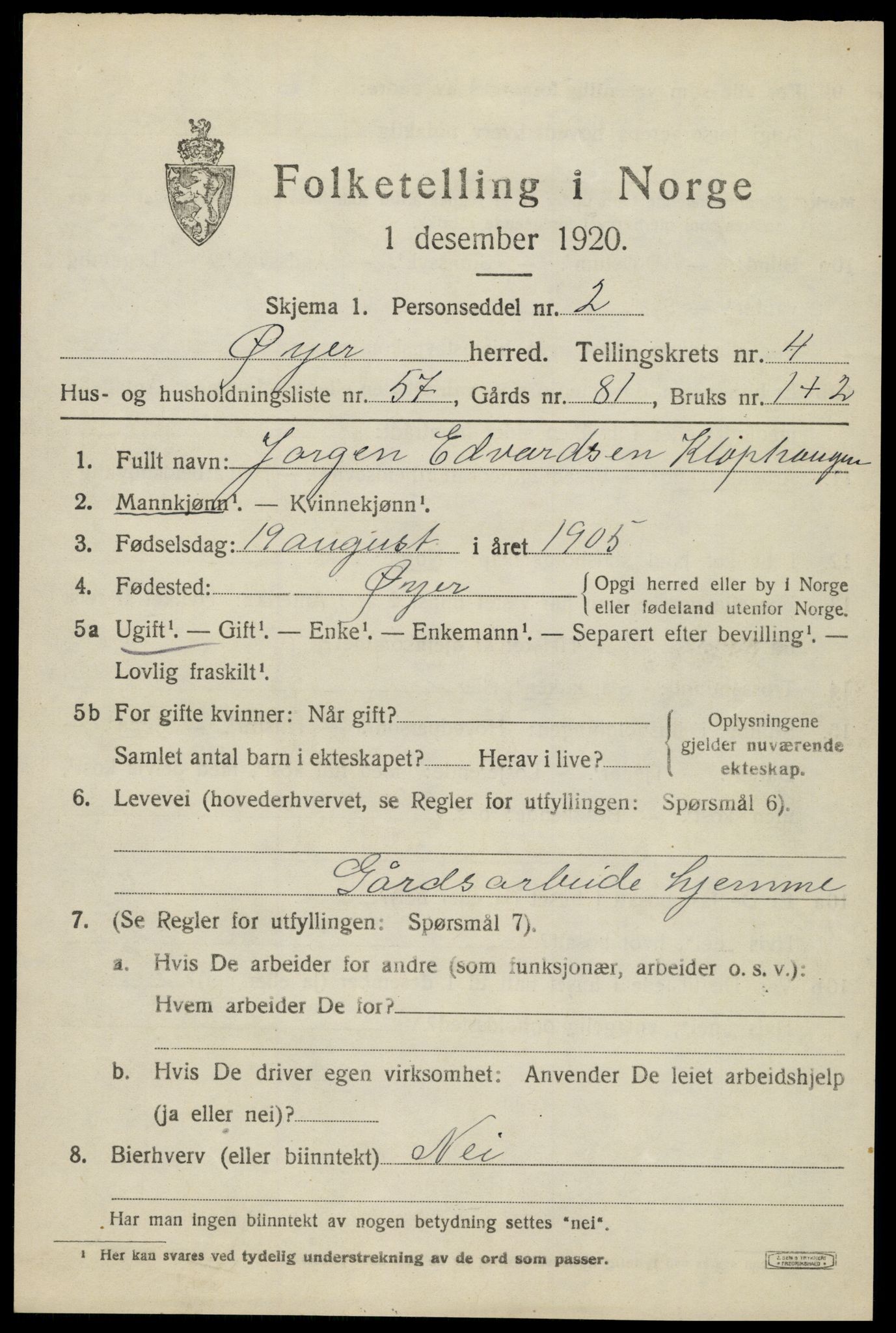 SAH, 1920 census for Øyer, 1920, p. 4461