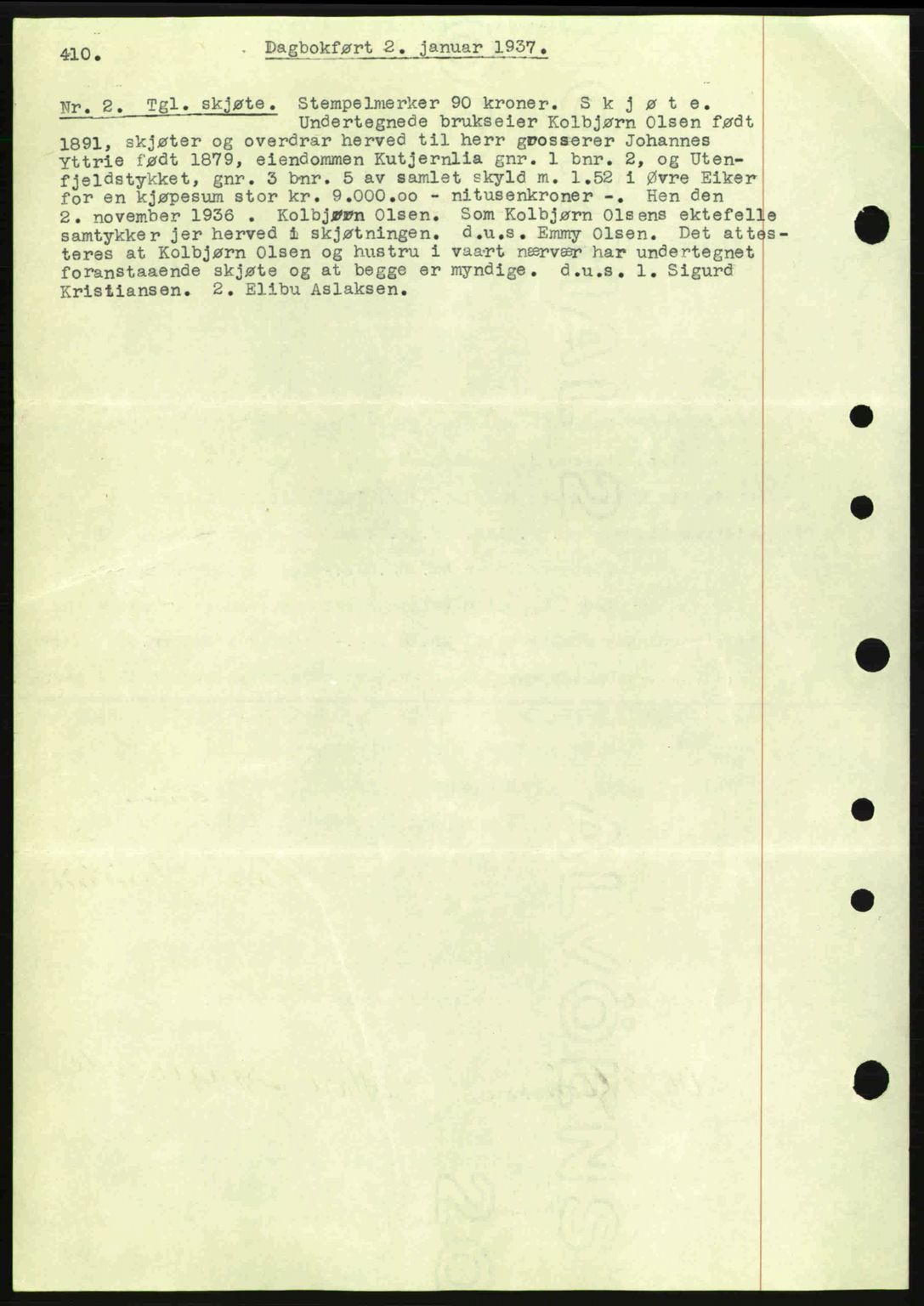 Eiker, Modum og Sigdal sorenskriveri, SAKO/A-123/G/Ga/Gab/L0034: Mortgage book no. A4, 1936-1937, Diary no: : 2/1937