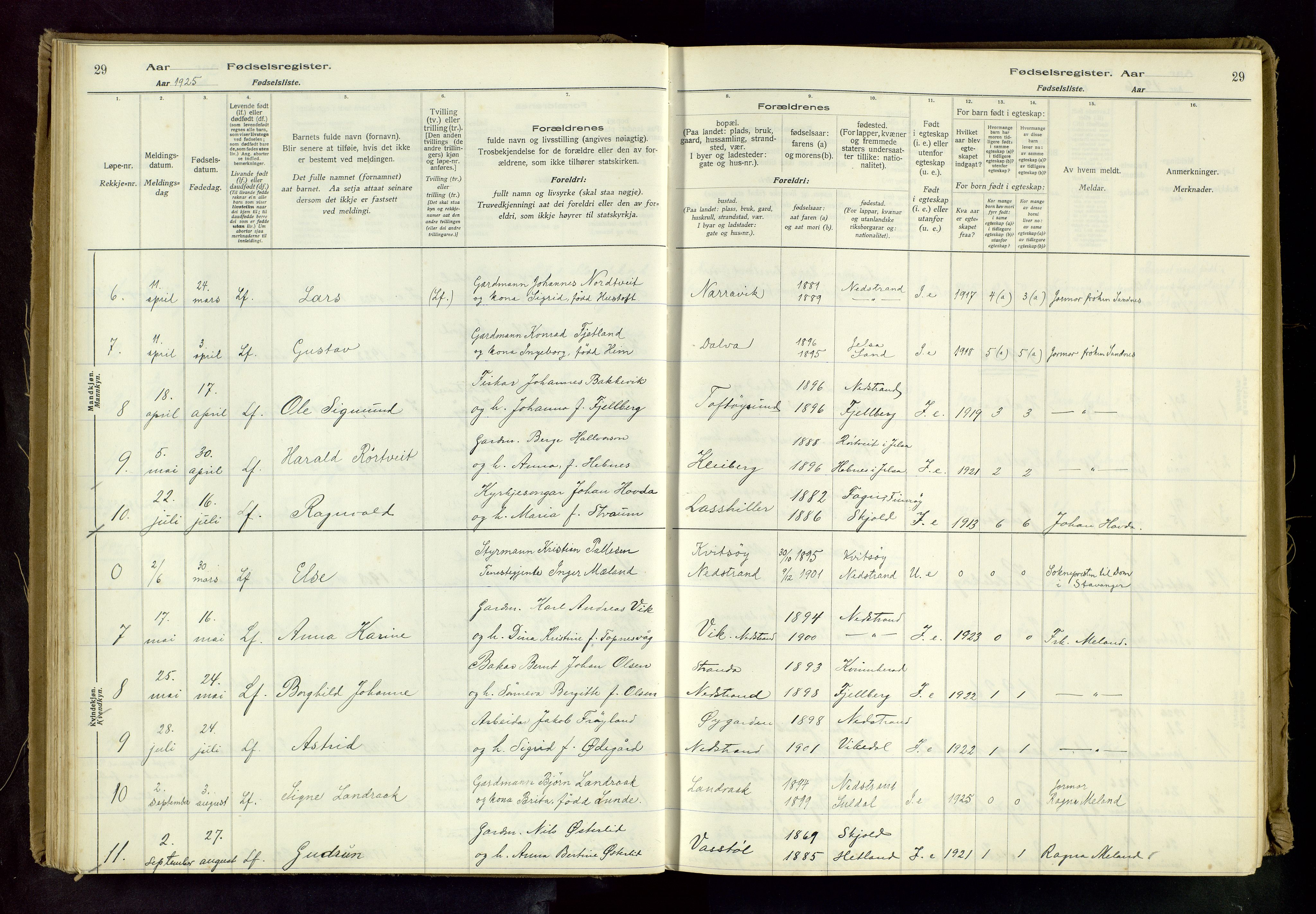 Nedstrand sokneprestkontor, AV/SAST-A-101841/03/C/L0001: Birth register no. 1, 1916-1981, p. 29