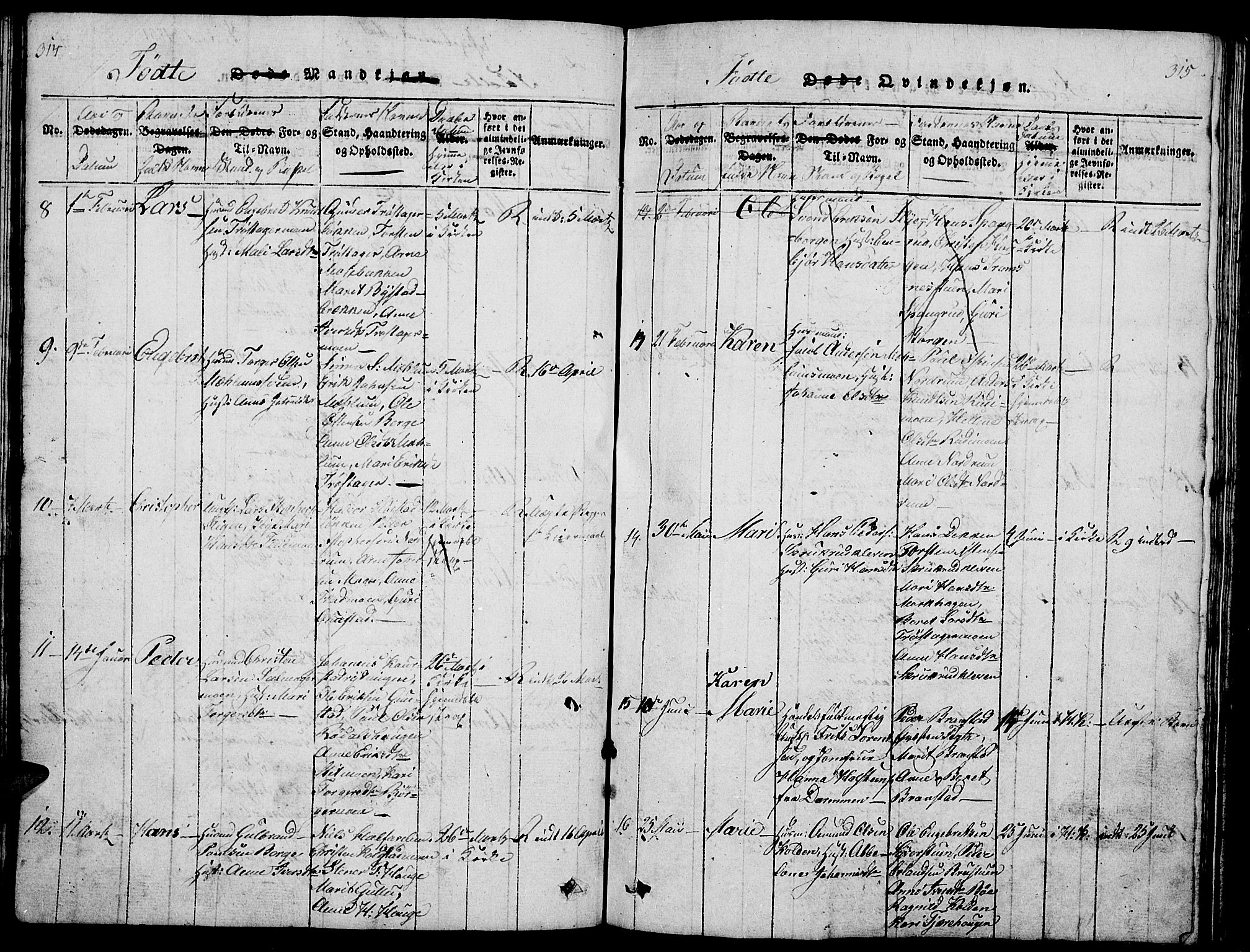 Ringebu prestekontor, AV/SAH-PREST-082/H/Ha/Hab/L0001: Parish register (copy) no. 1, 1821-1839, p. 314-315