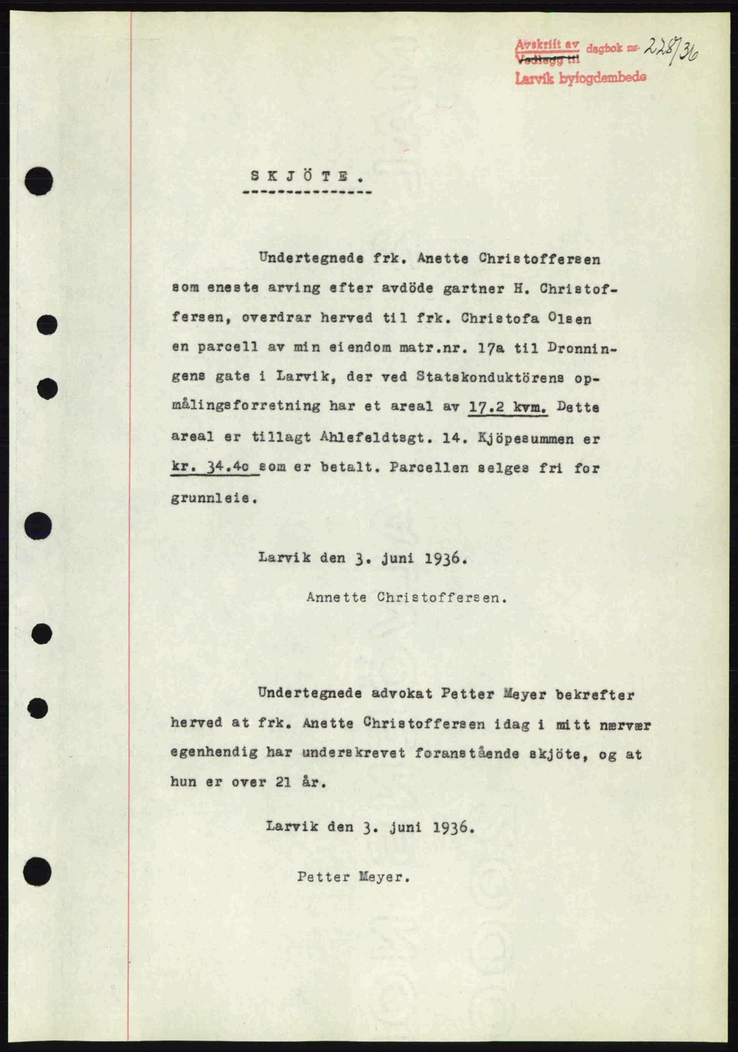 Larvik sorenskriveri, SAKO/A-83/G/Ga/Gab/L0067: Mortgage book no. A-1, 1936-1937, Diary no: : 228/1936