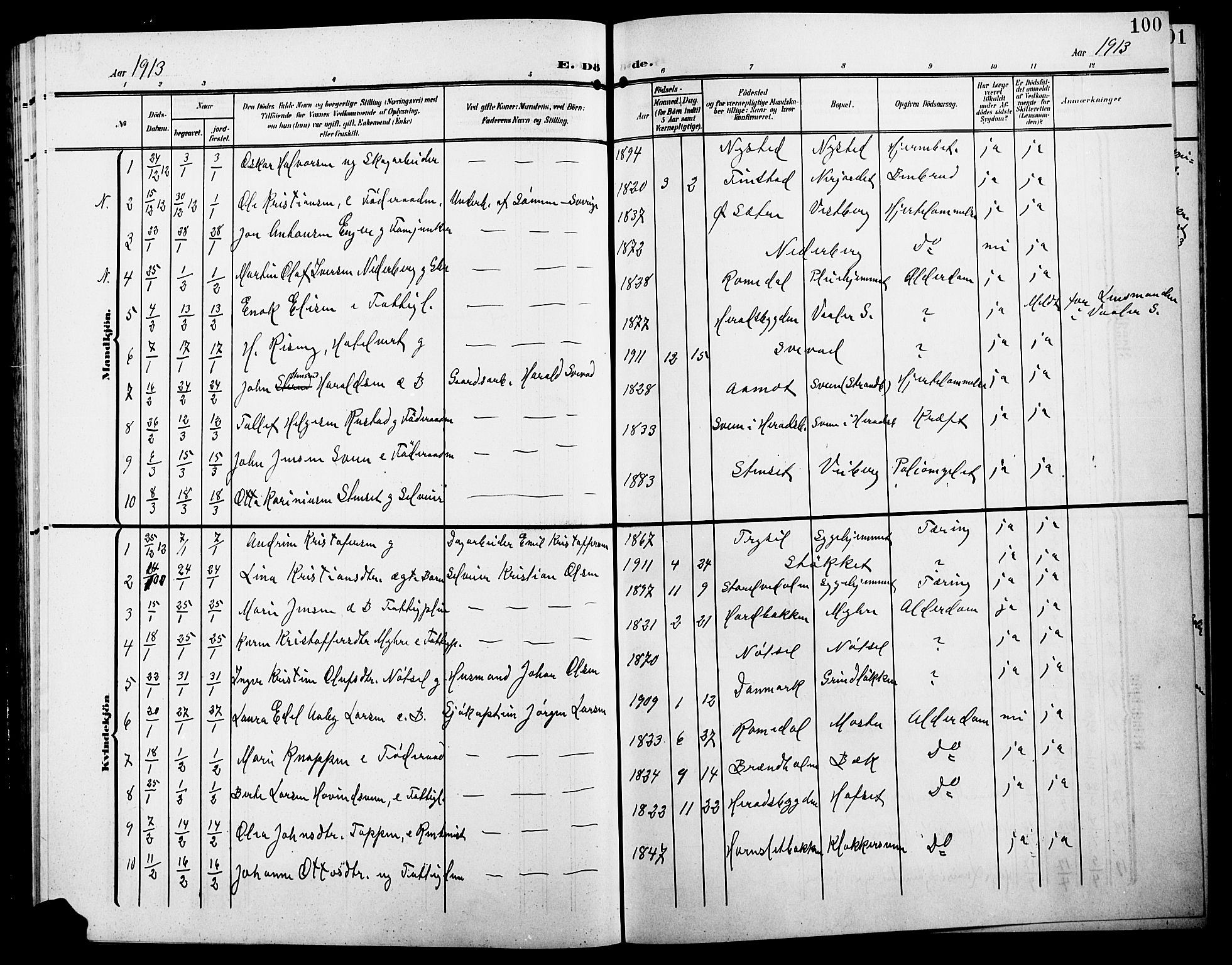 Elverum prestekontor, SAH/PREST-044/H/Ha/Hab/L0009: Parish register (copy) no. 9, 1908-1921, p. 100