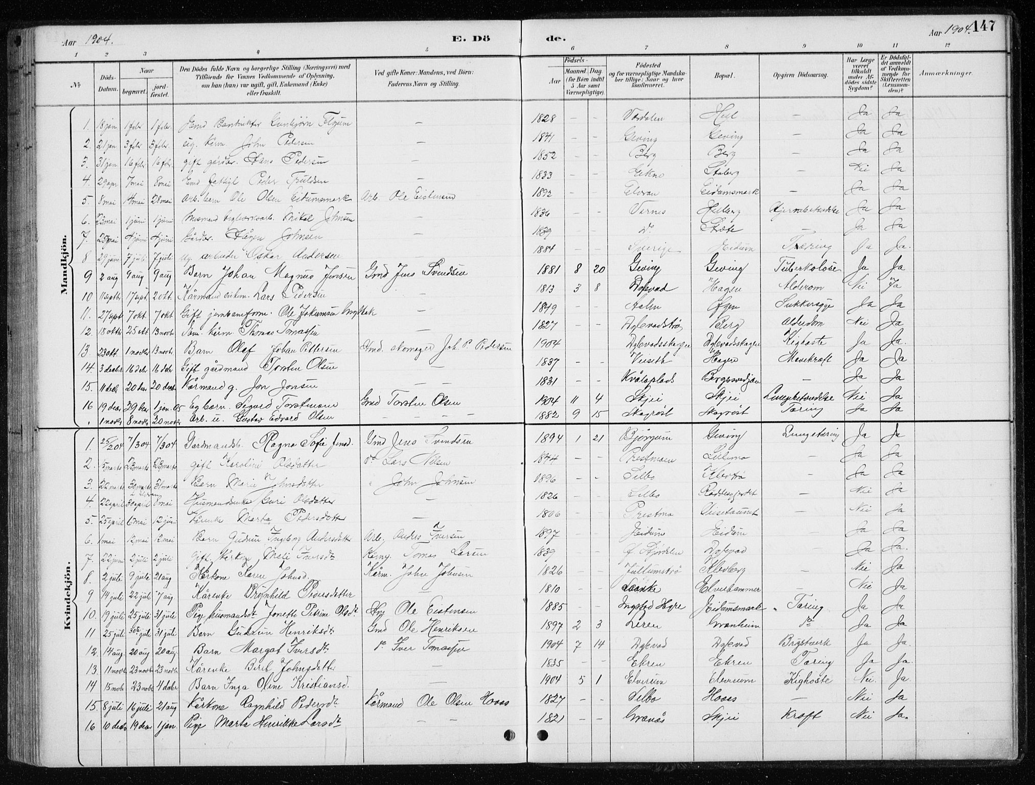 Ministerialprotokoller, klokkerbøker og fødselsregistre - Nord-Trøndelag, AV/SAT-A-1458/710/L0096: Parish register (copy) no. 710C01, 1892-1925, p. 147