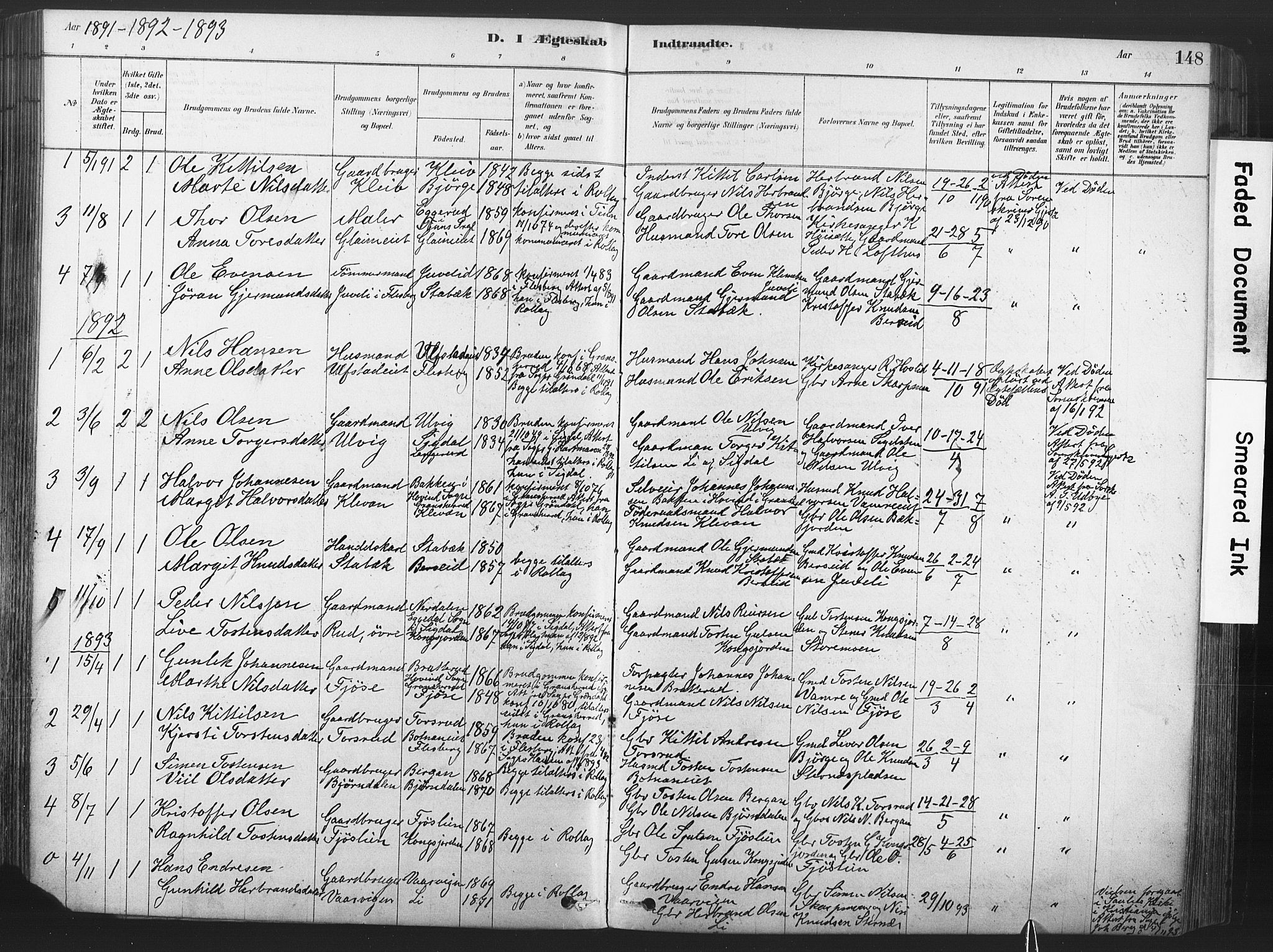 Rollag kirkebøker, AV/SAKO-A-240/F/Fa/L0011: Parish register (official) no. I 11, 1878-1902, p. 148