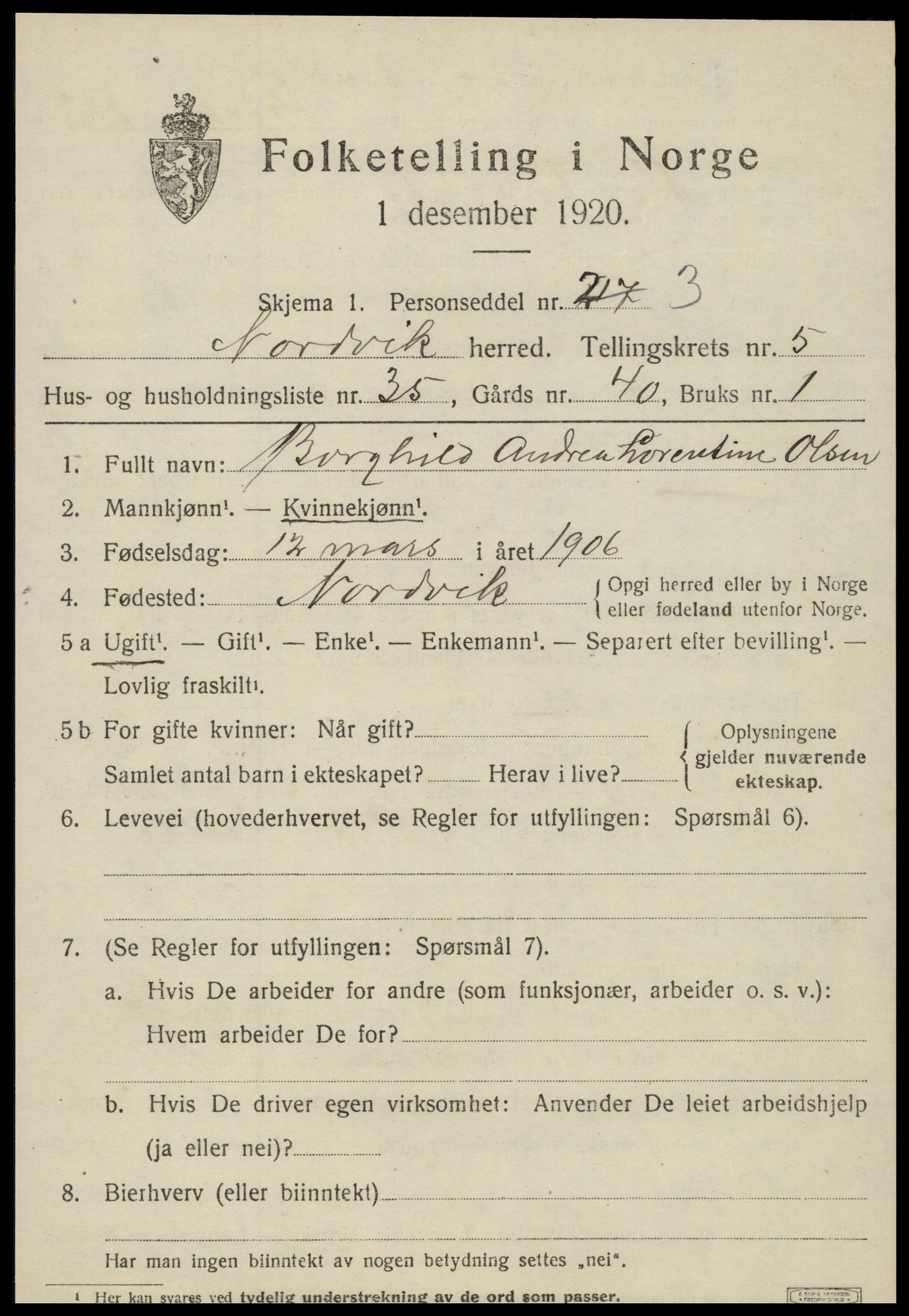 SAT, 1920 census for Nordvik, 1920, p. 2216