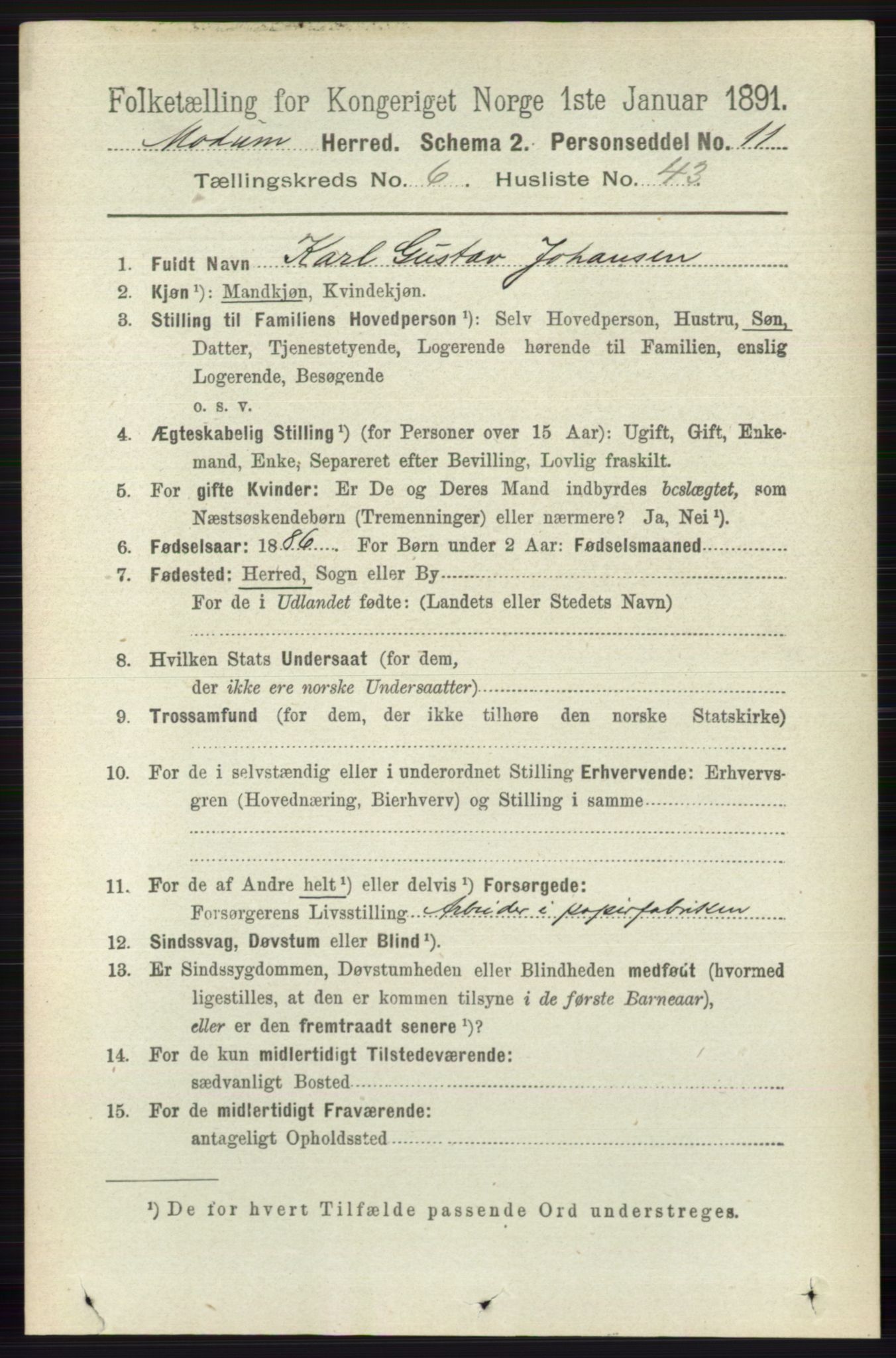 RA, 1891 census for 0623 Modum, 1891, p. 2559