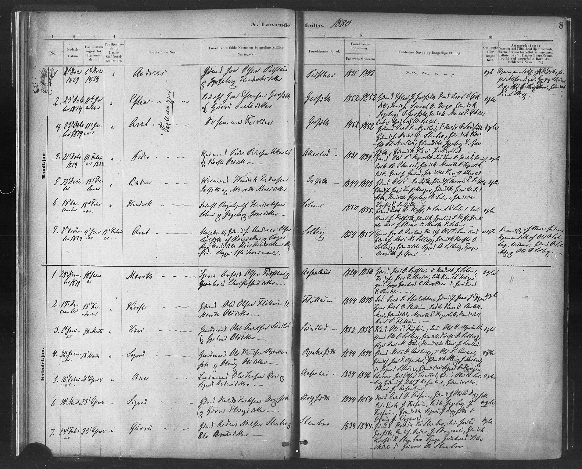 Ministerialprotokoller, klokkerbøker og fødselsregistre - Sør-Trøndelag, SAT/A-1456/689/L1040: Parish register (official) no. 689A05, 1878-1890, p. 8