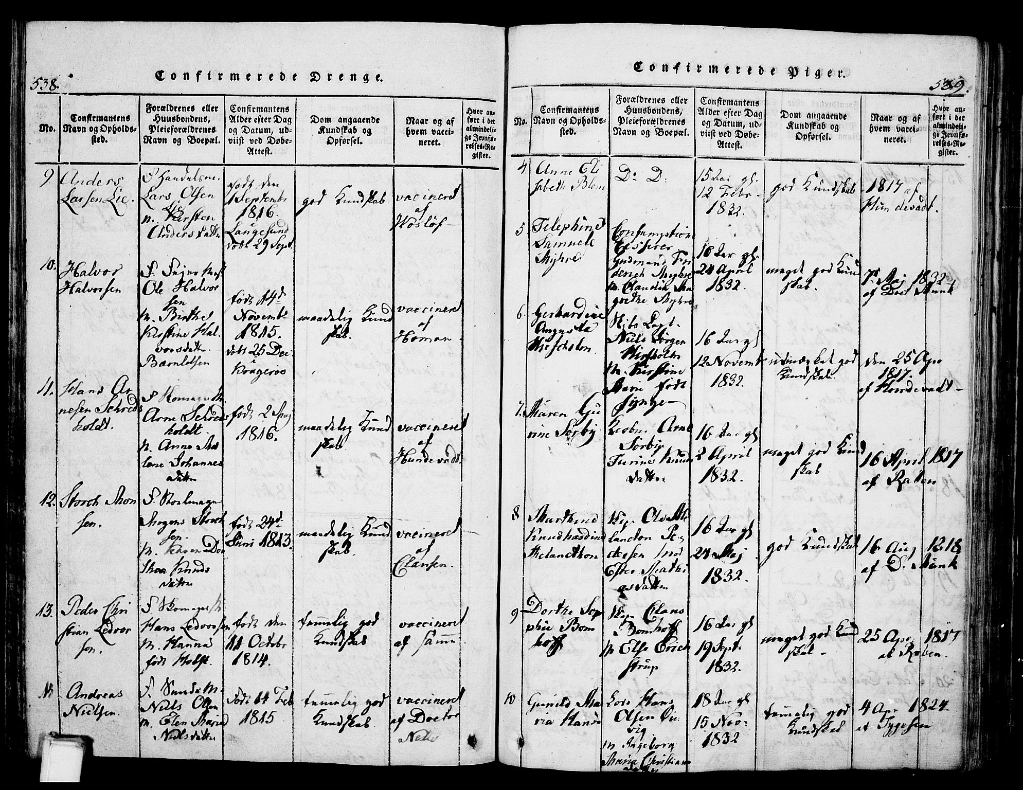 Skien kirkebøker, SAKO/A-302/G/Ga/L0002: Parish register (copy) no. 2, 1814-1842, p. 538-539