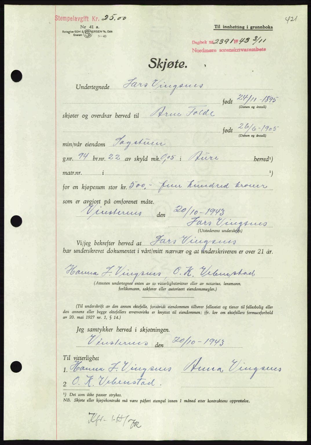 Nordmøre sorenskriveri, AV/SAT-A-4132/1/2/2Ca: Mortgage book no. A96, 1943-1944, Diary no: : 2391/1943