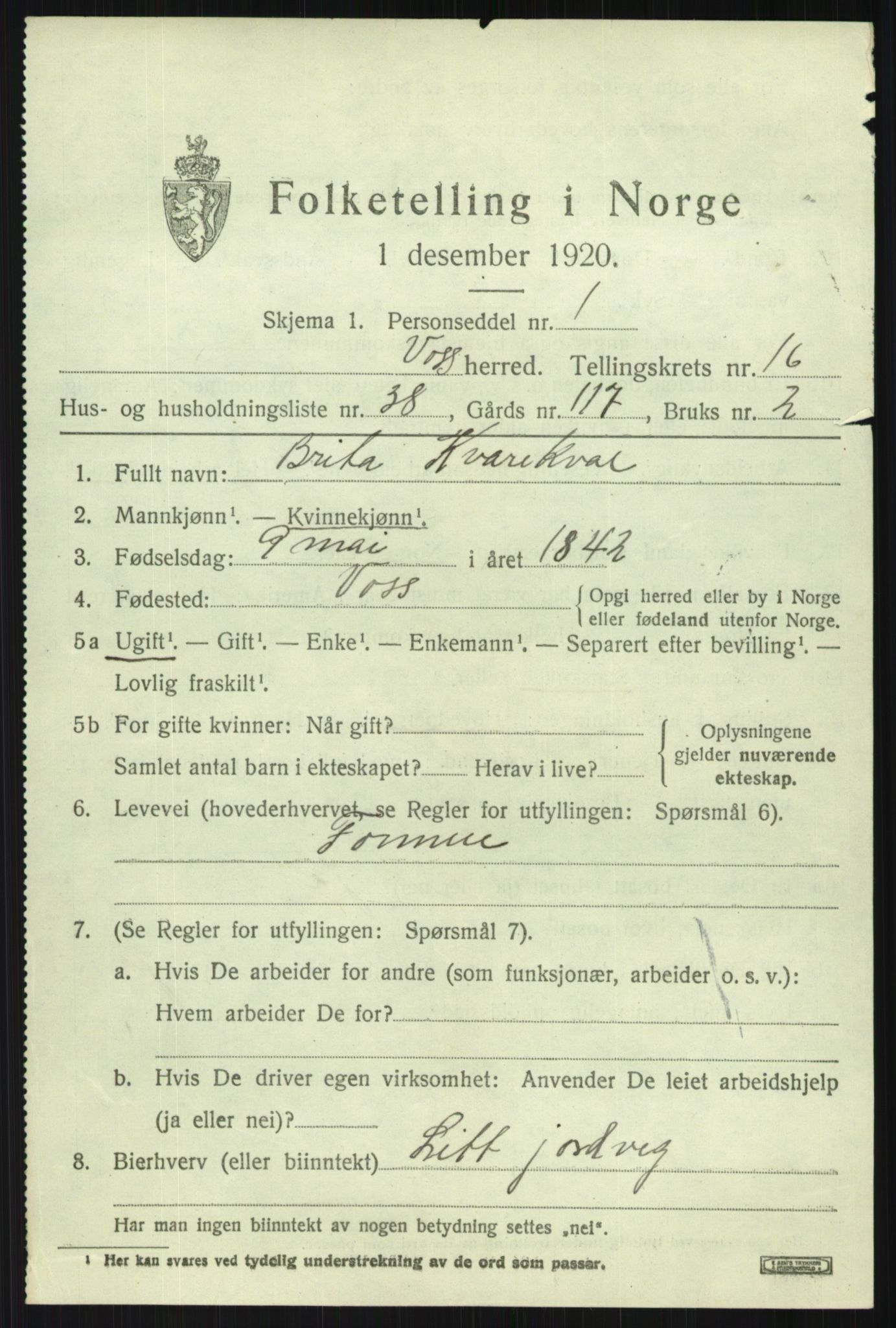 SAB, 1920 census for Voss, 1920, p. 13597