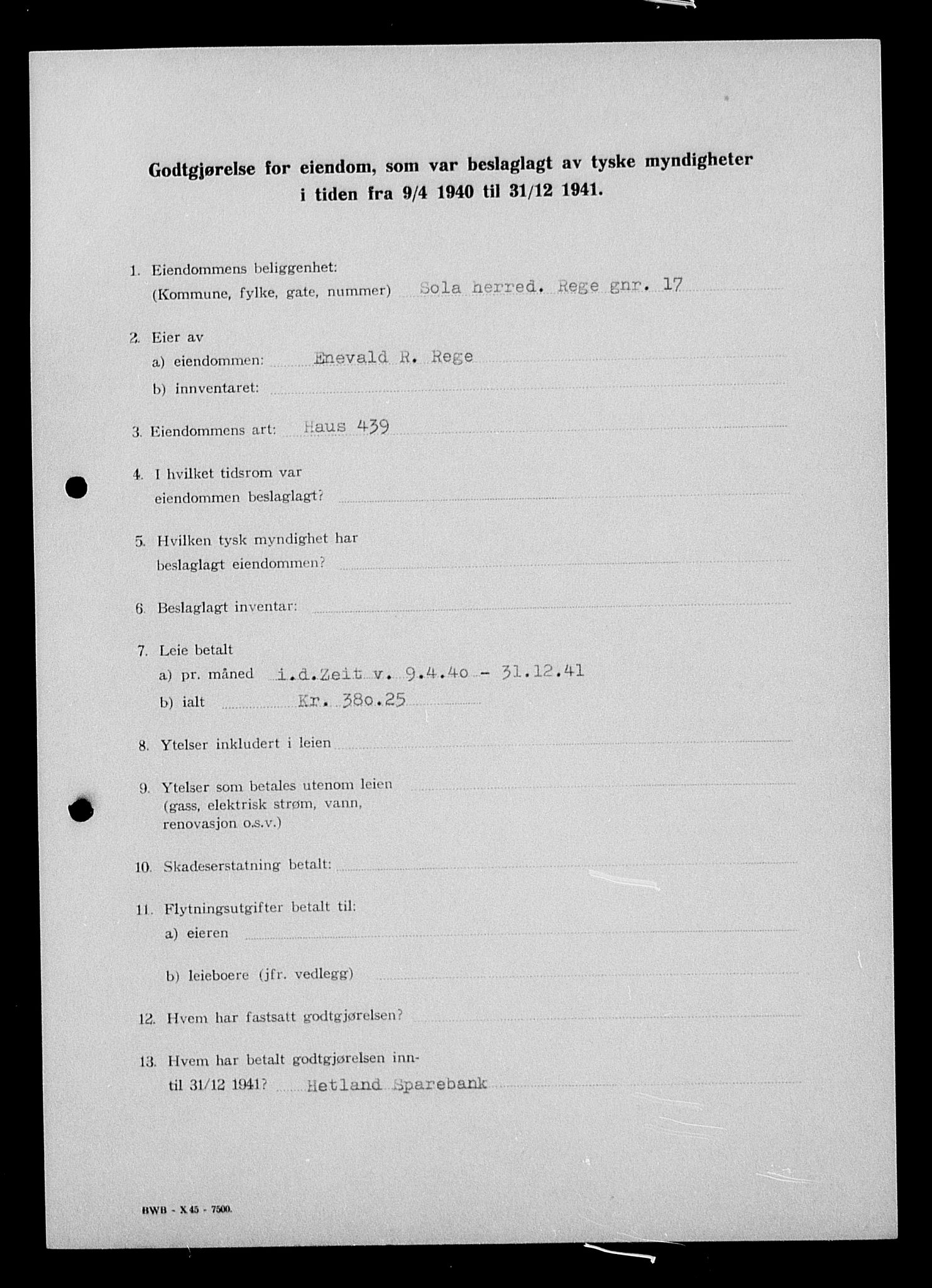 Justisdepartementet, Tilbakeføringskontoret for inndratte formuer, AV/RA-S-1564/I/L1015: Godtgjørelse for beslaglagt eiendom, 1940-1941, p. 72