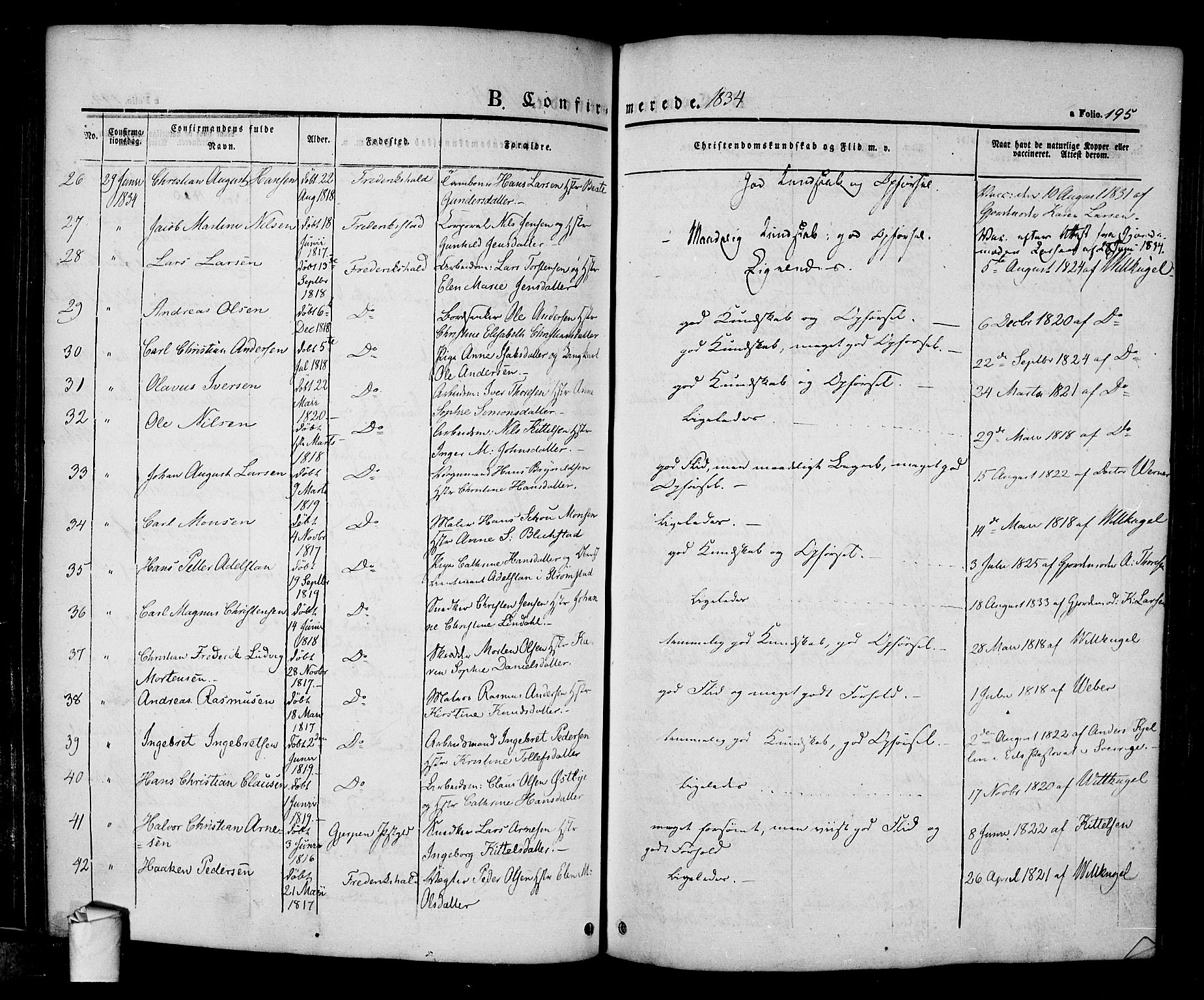 Halden prestekontor Kirkebøker, AV/SAO-A-10909/F/Fa/L0005: Parish register (official) no. I 5, 1834-1845, p. 195