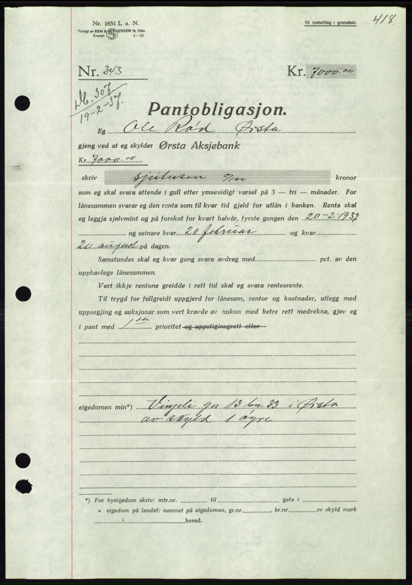 Søre Sunnmøre sorenskriveri, AV/SAT-A-4122/1/2/2C/L0062: Mortgage book no. 56, 1936-1937, Diary no: : 307/1937