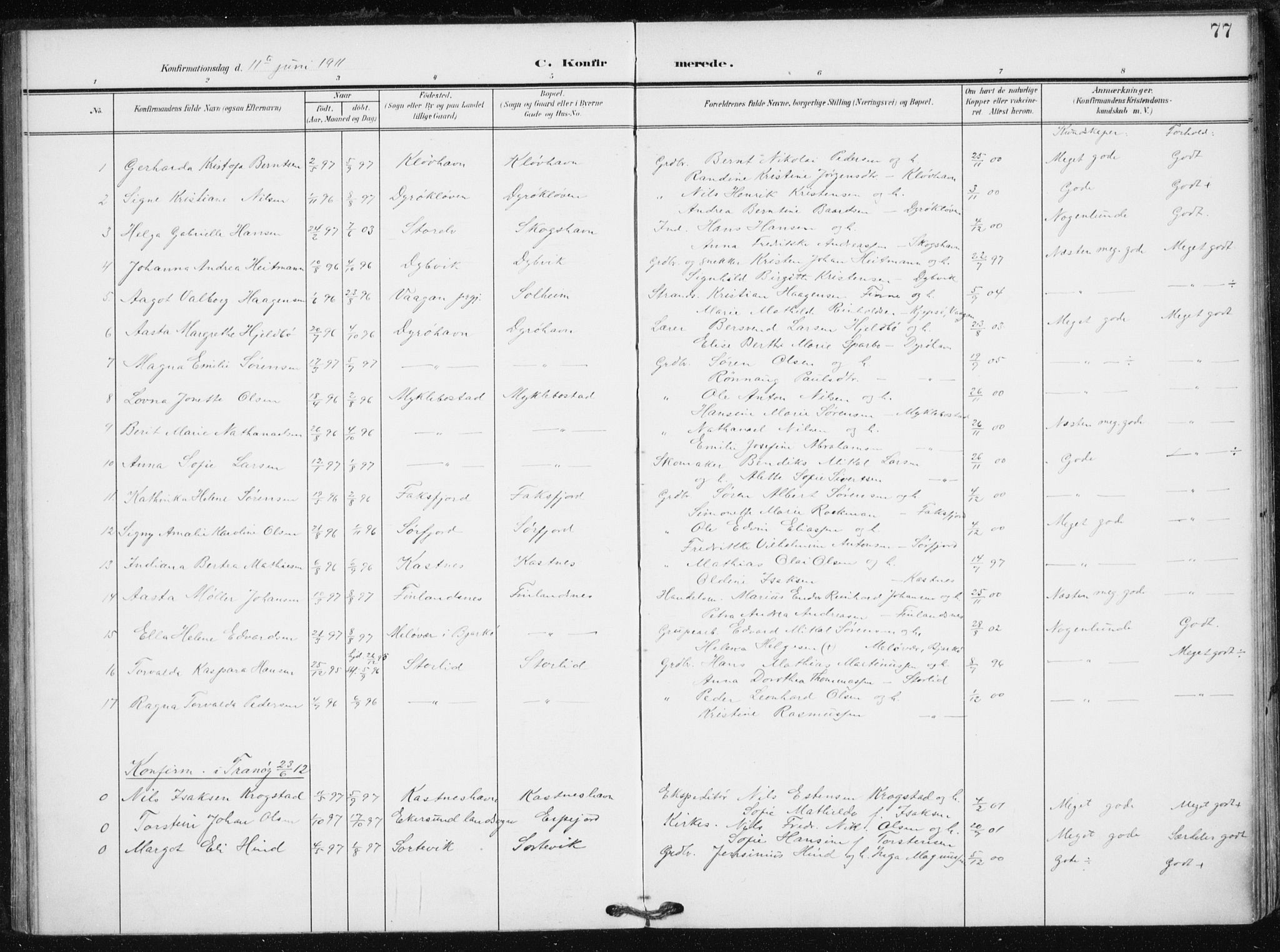 Tranøy sokneprestkontor, AV/SATØ-S-1313/I/Ia/Iaa/L0013kirke: Parish register (official) no. 13, 1905-1922, p. 77