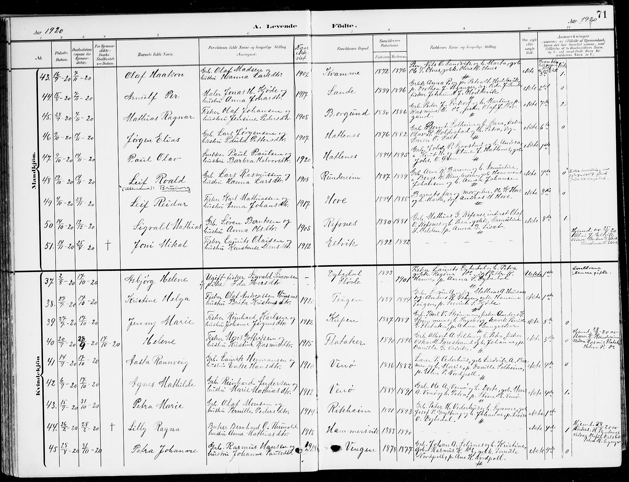 Selje sokneprestembete, AV/SAB-A-99938/H/Ha/Haa/Haab: Parish register (official) no. B 3, 1908-1923, p. 71