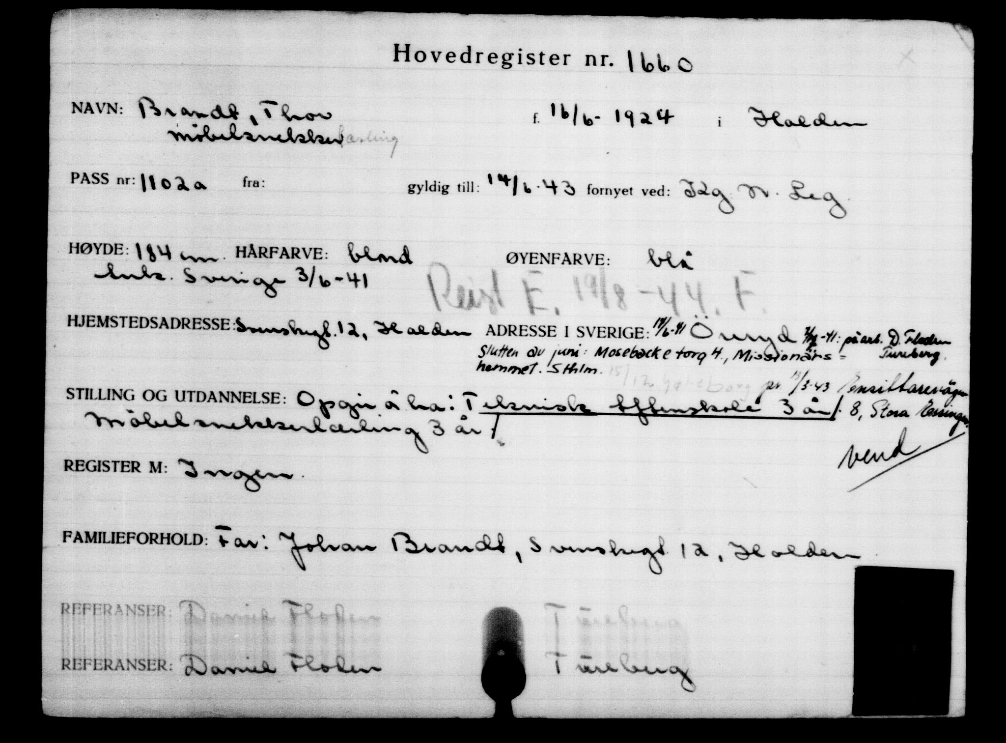 Den Kgl. Norske Legasjons Flyktningskontor, RA/S-6753/V/Va/L0002: Kjesäterkartoteket.  Flyktningenr. 1001-2000, 1940-1945, p. 935