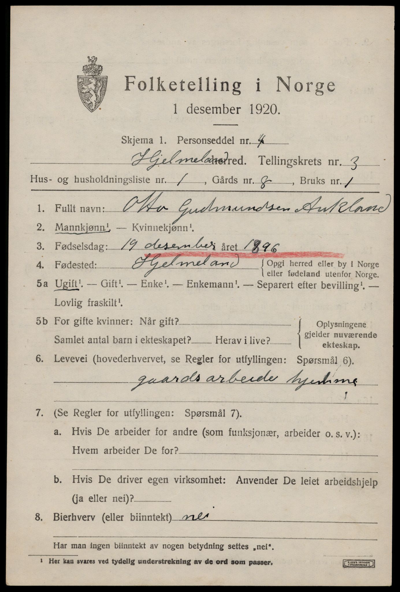 SAST, 1920 census for Hjelmeland, 1920, p. 1267